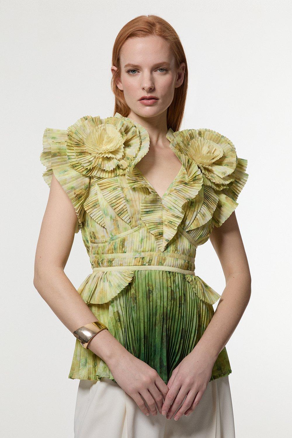 Crinkle Pleat Border Print Blouse With Rosette Detail - Floral