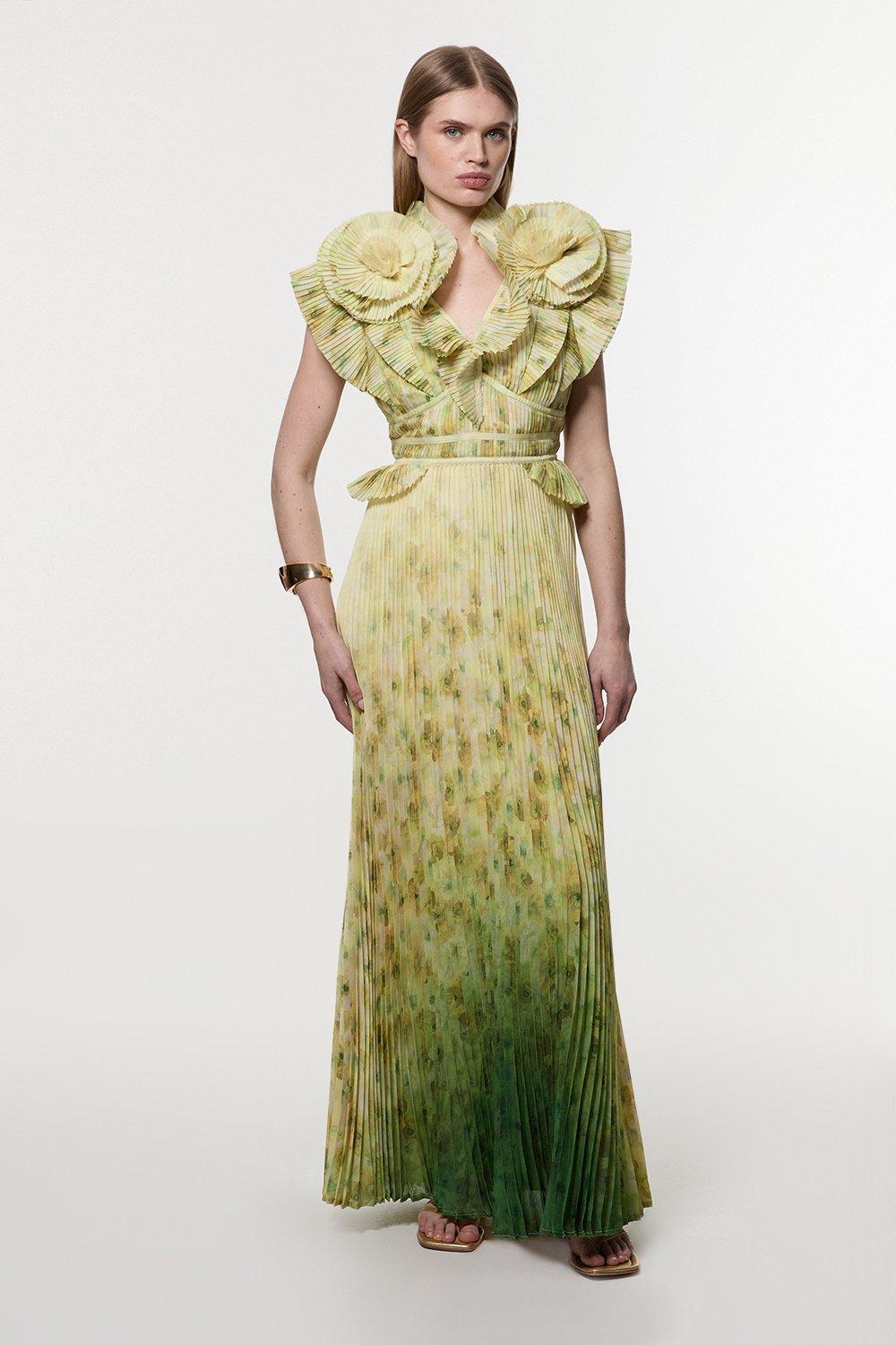 Crinkle Pleat Border Print Maxi Dress With Rosette Detail - Floral