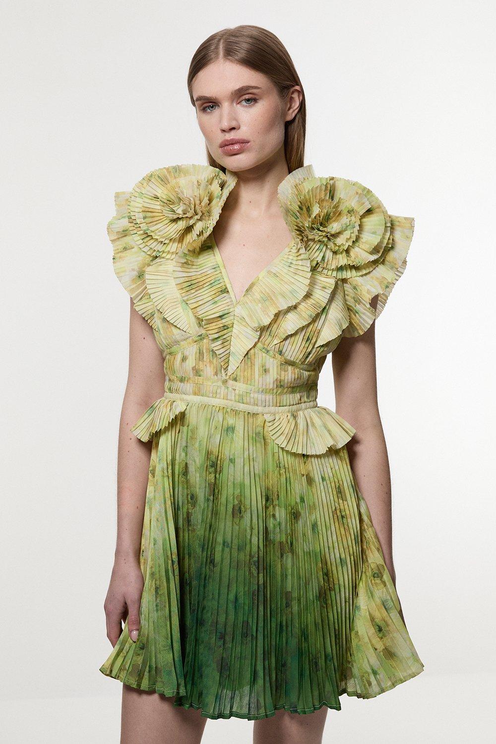 Crinkle Pleat Border Print Mini Dress With Rosette Detail - Floral