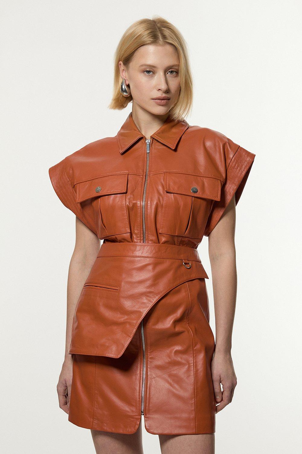 Leather Safari Mini Dress With Detachable Wrap Belt Detail - Copper