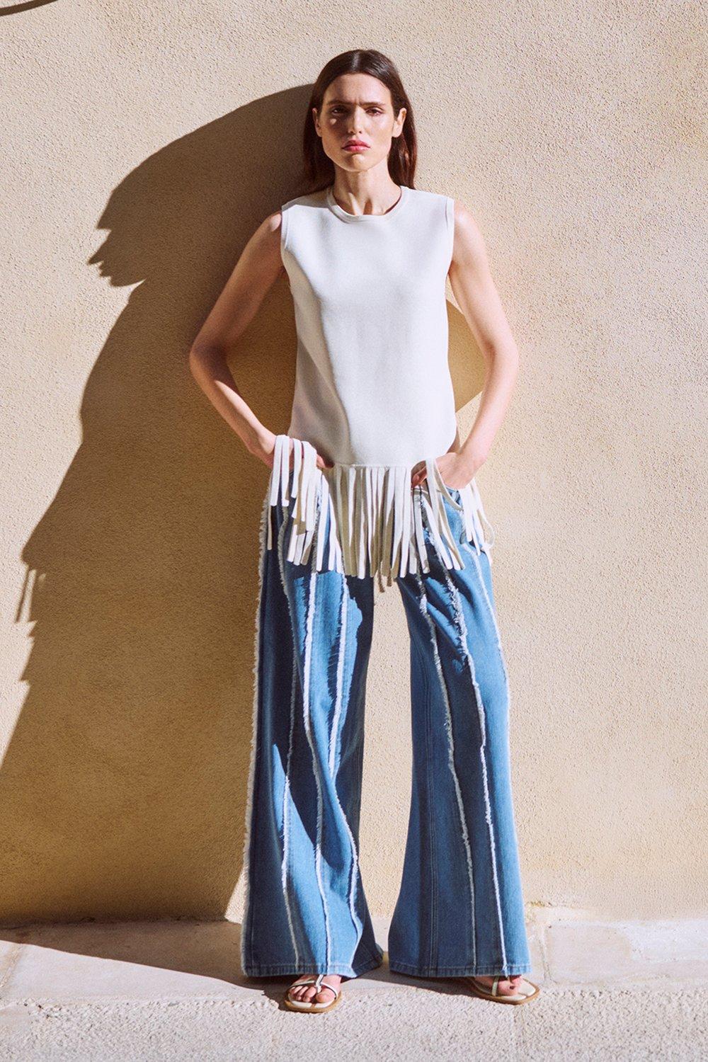 Denim Tassel Detail Wide Leg Jeans - Mid Blue