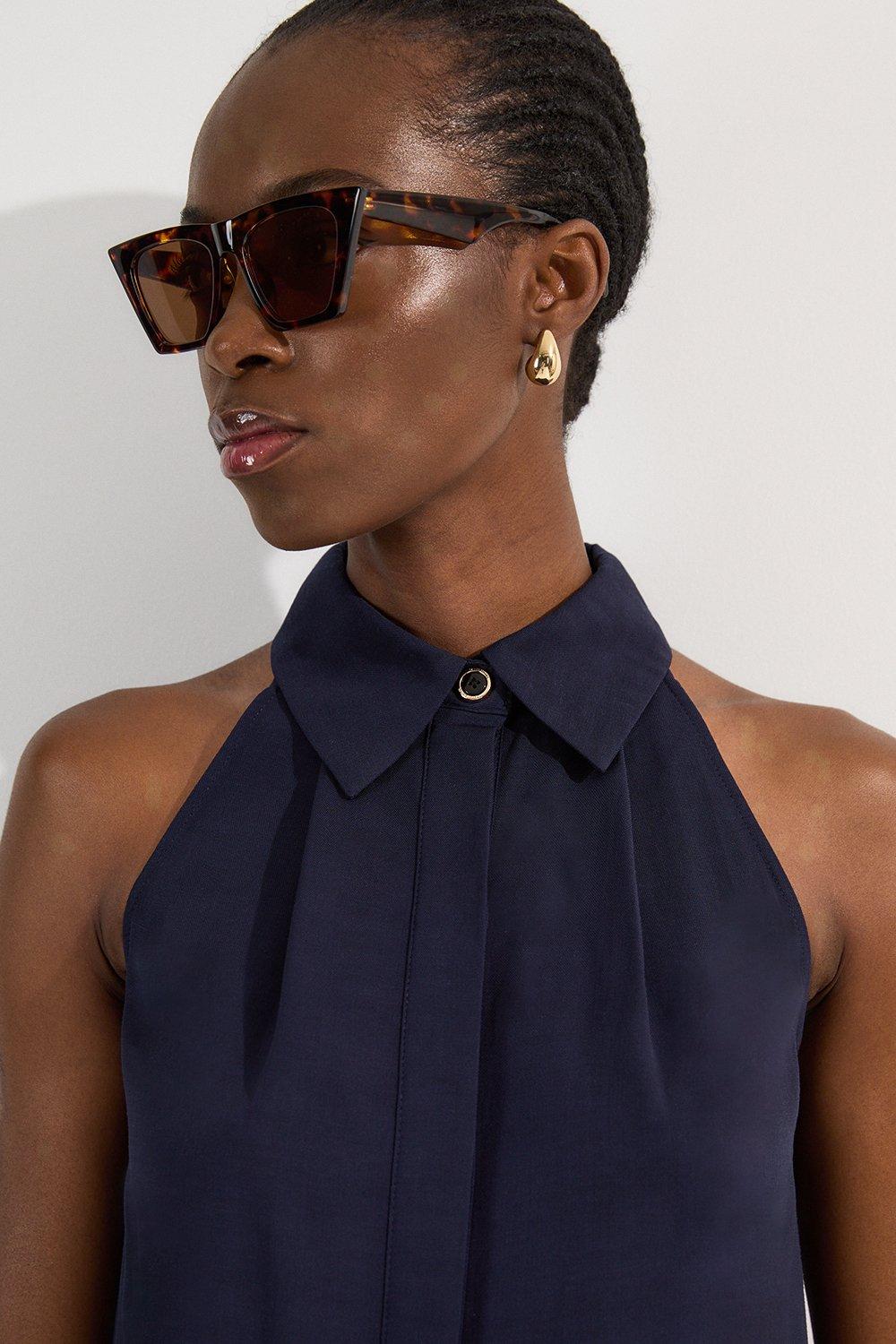 Premium Viscose Linen Halter Collared Woven Sleeveless Shirt – Navy