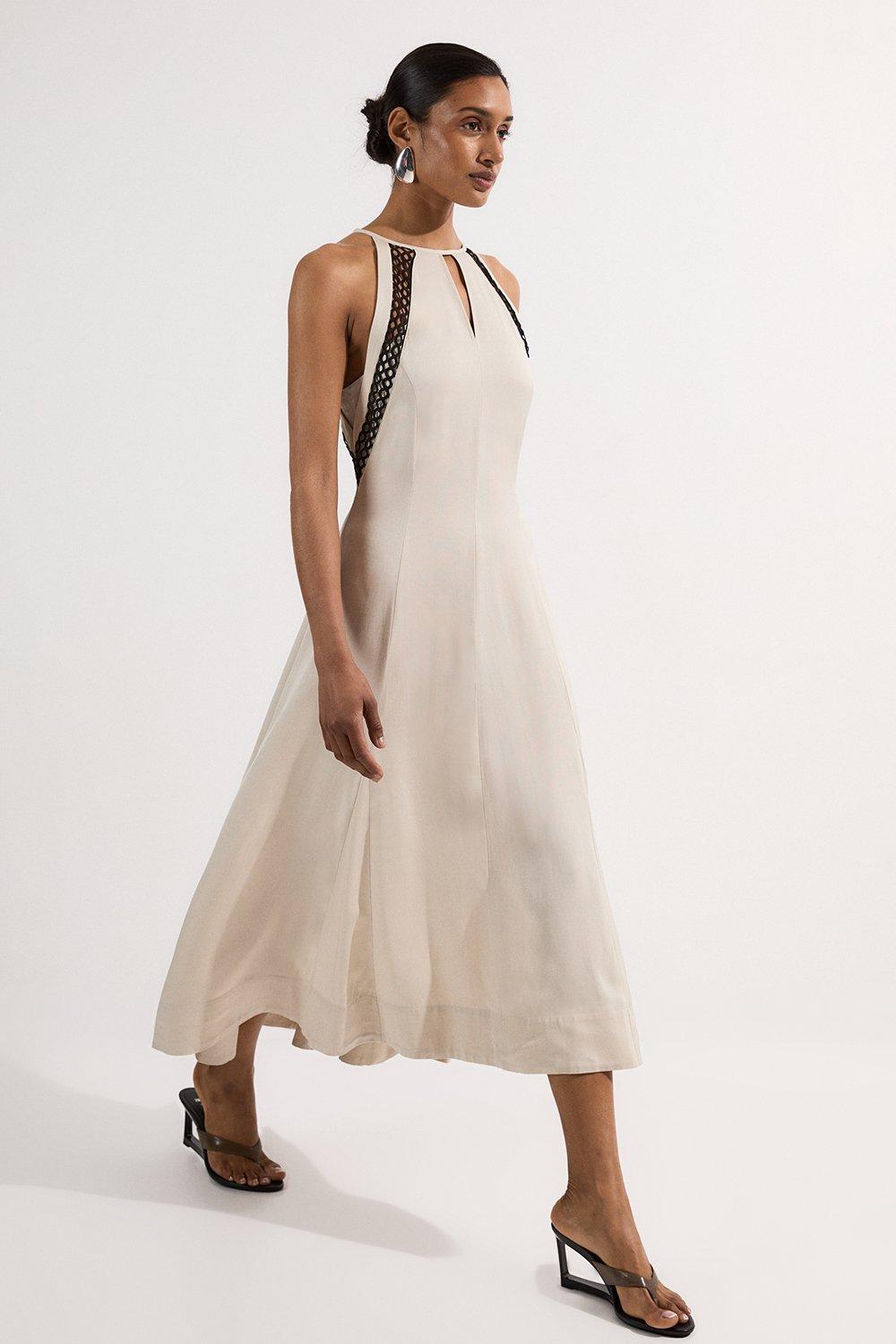 Viscose Linen Woven Halterneck Midi Dress With Lace Trim - Brown