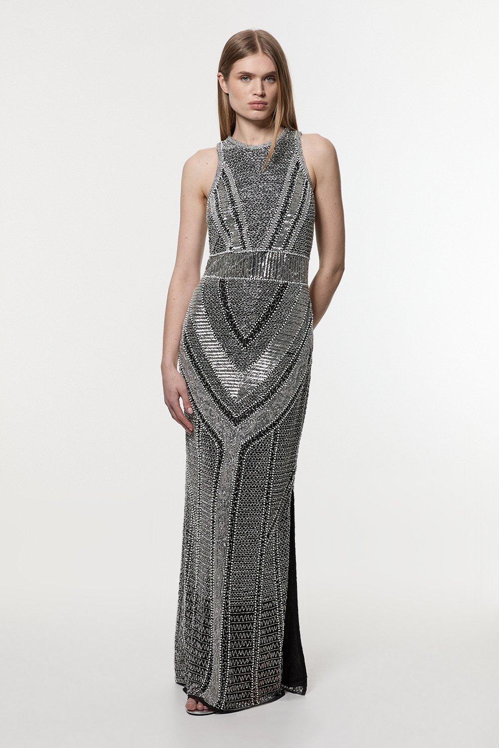 Premium Beading And Embellished Woven Halter Neck Maxi Dress - Mono