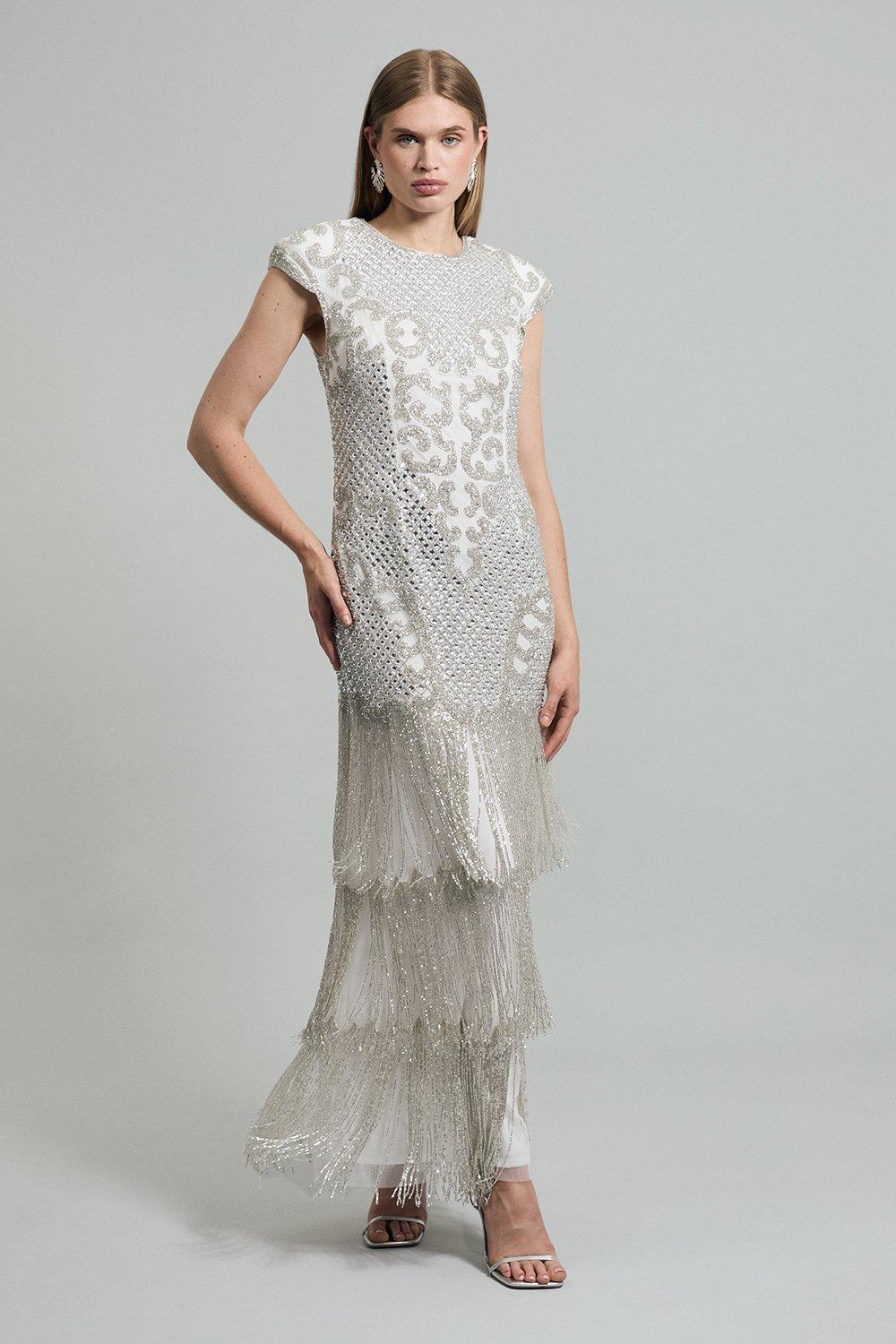 Crystal Embellished Fringe Maxi Dress - Ivory