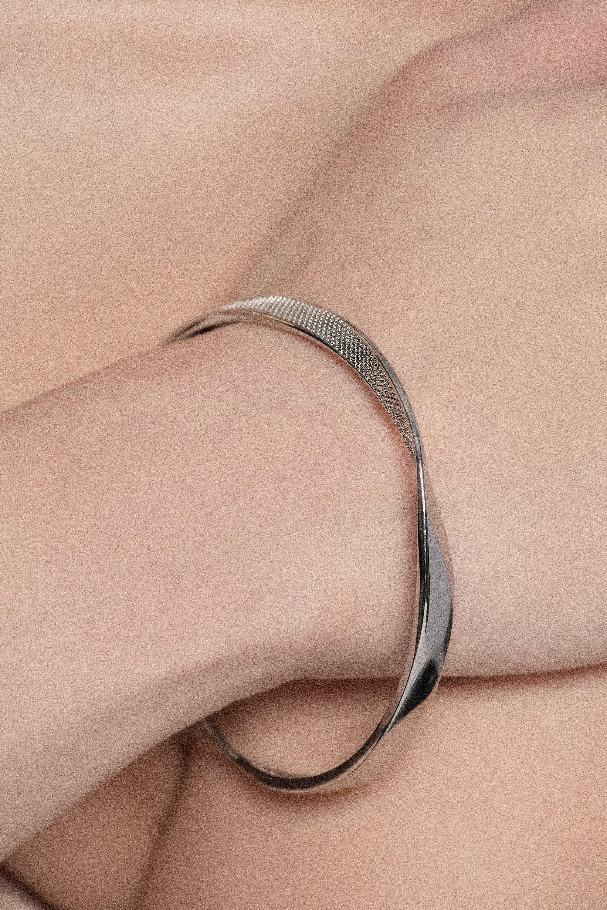 Silver Tone Textured Twist Narrow Bangle - Silver