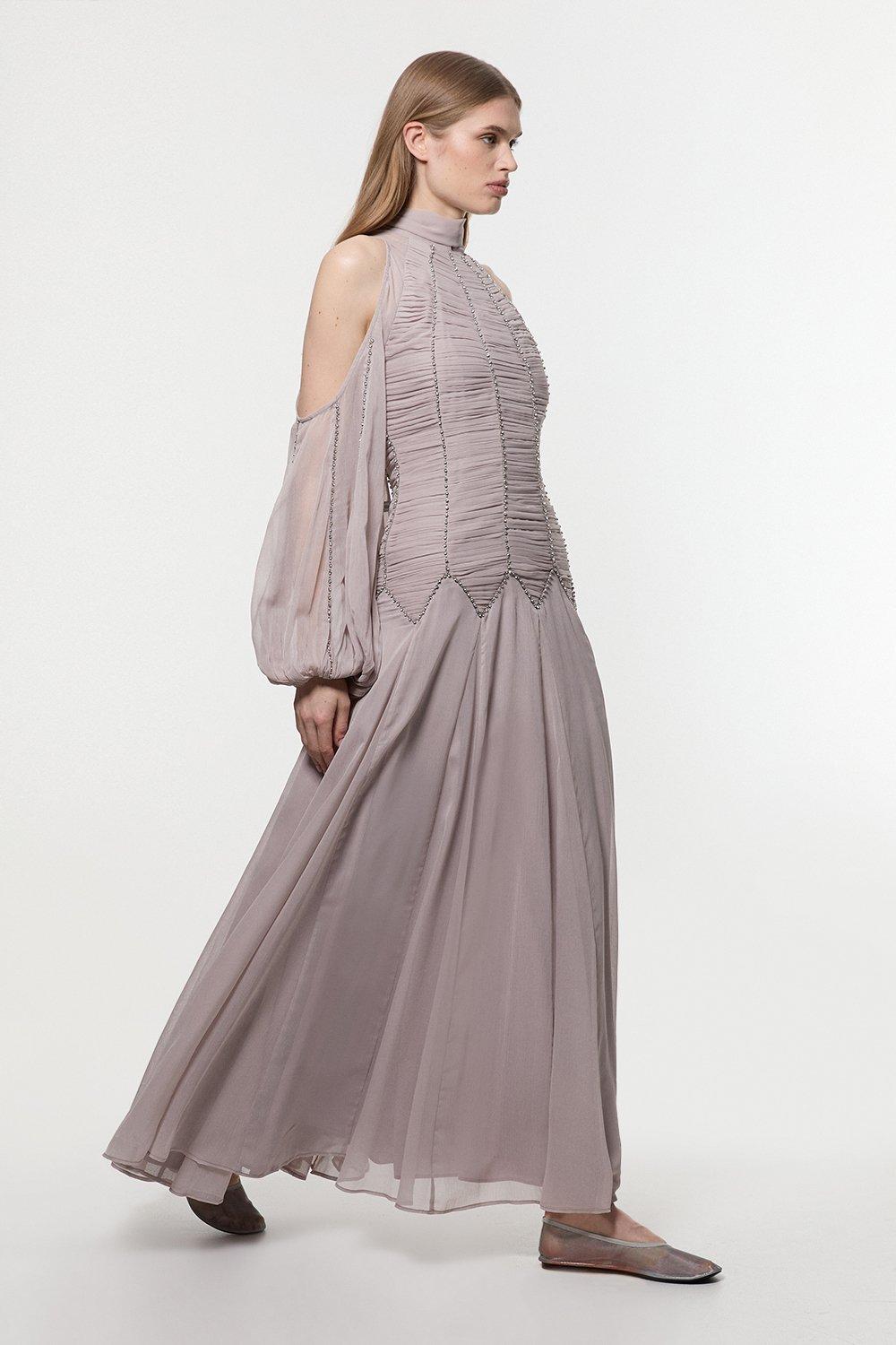 Petite High Neck Embellished Ruched Georgette Woven Maxi Dress - Silver