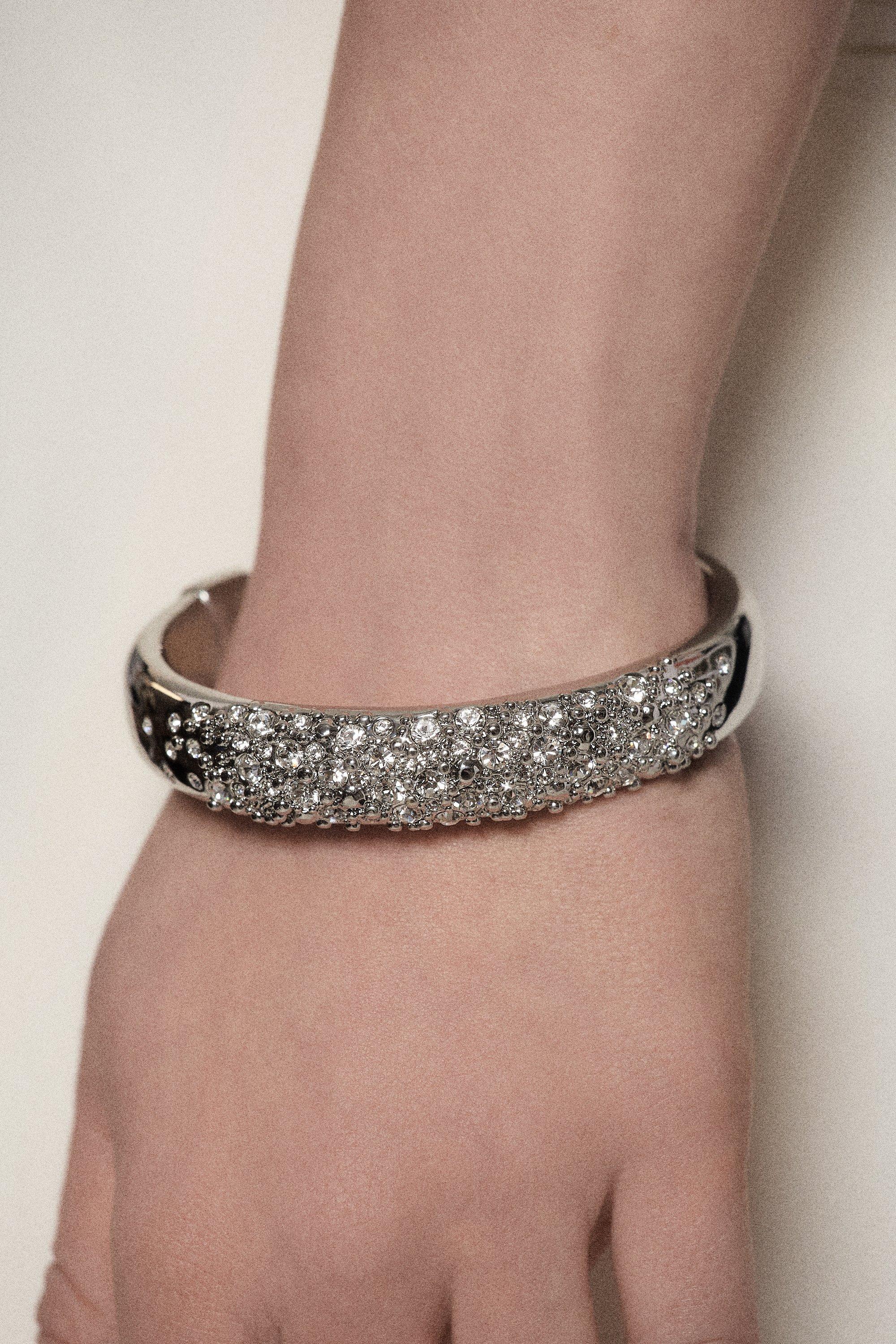 Silver Tone Encrusted Hoop & T-Bar Bangle - Silver