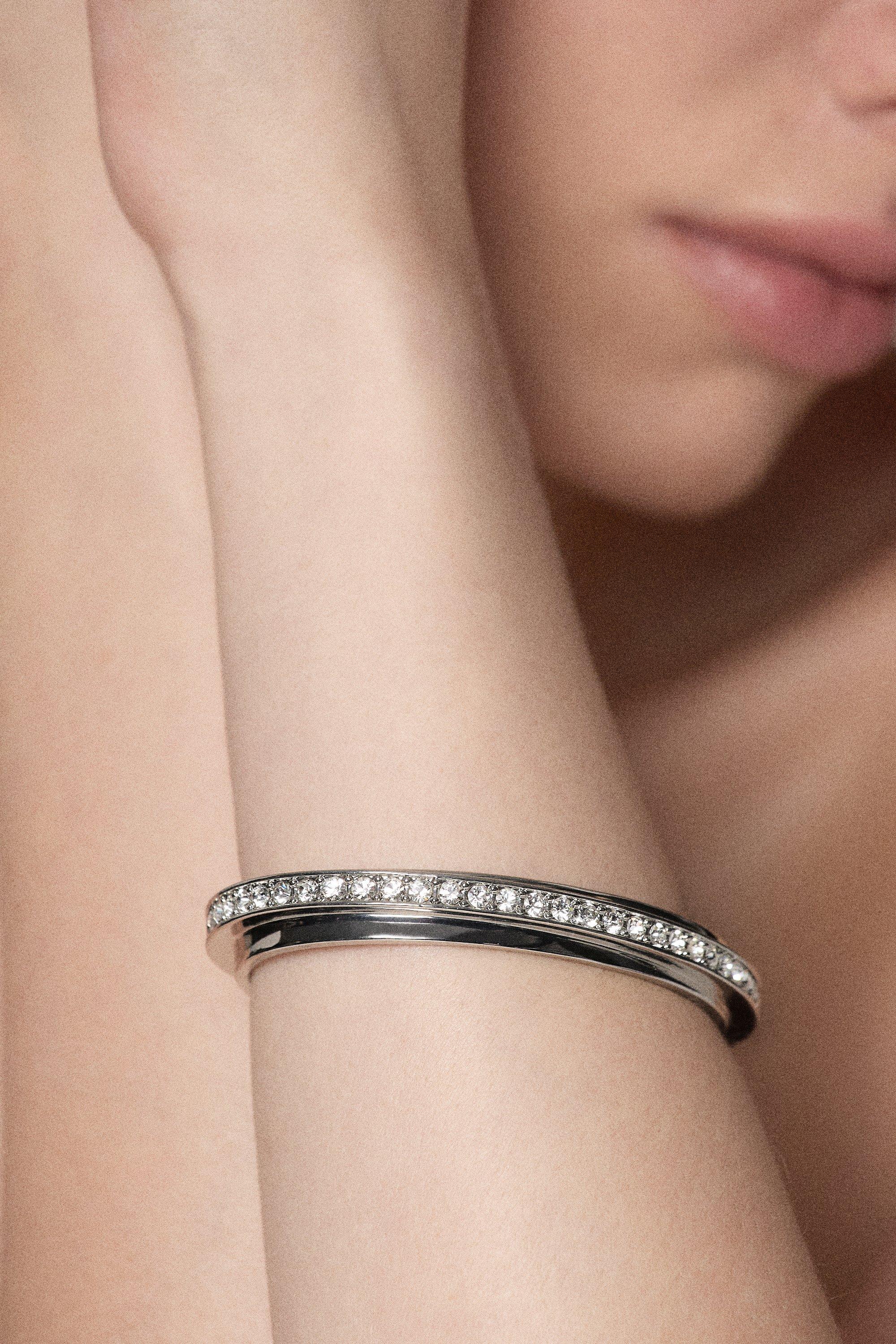 Silver Tone Crystal Diagonal Cuff - Silver