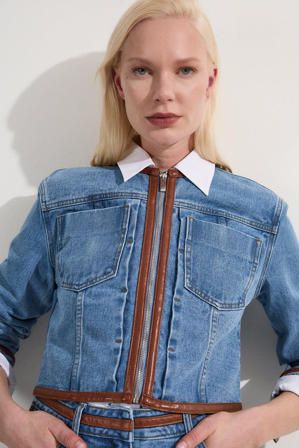 Denim & Faux Leather Tipping Collarless Tailored Jacket - Light Blue
