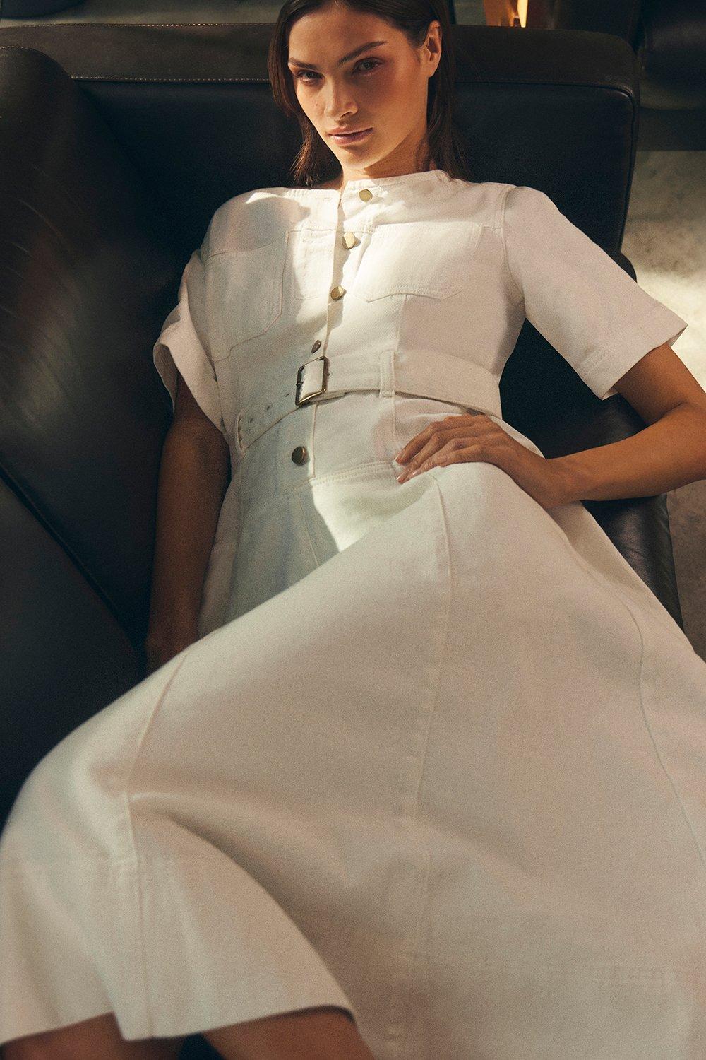 Denim Soft Wash Short Sleeve Belted Midi Dress - Ivory