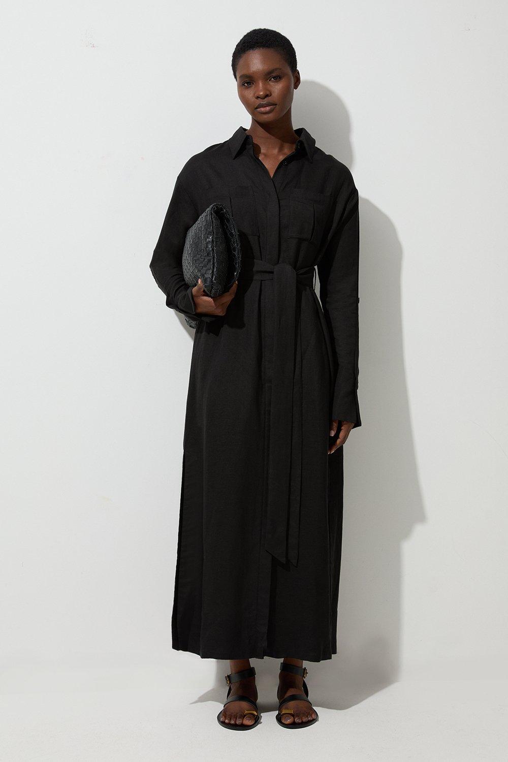 Viscose Linen Woven Belted Shirt Dress - Black