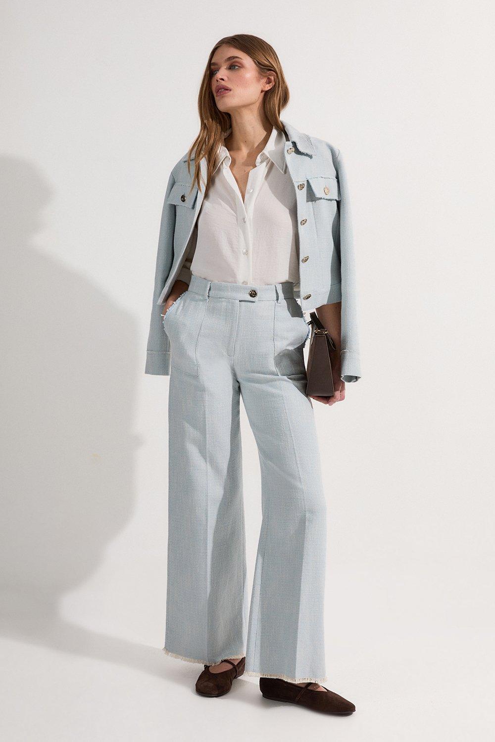 Petite Spring Tweed Tailored Straight Leg Trousers - Pale Blue