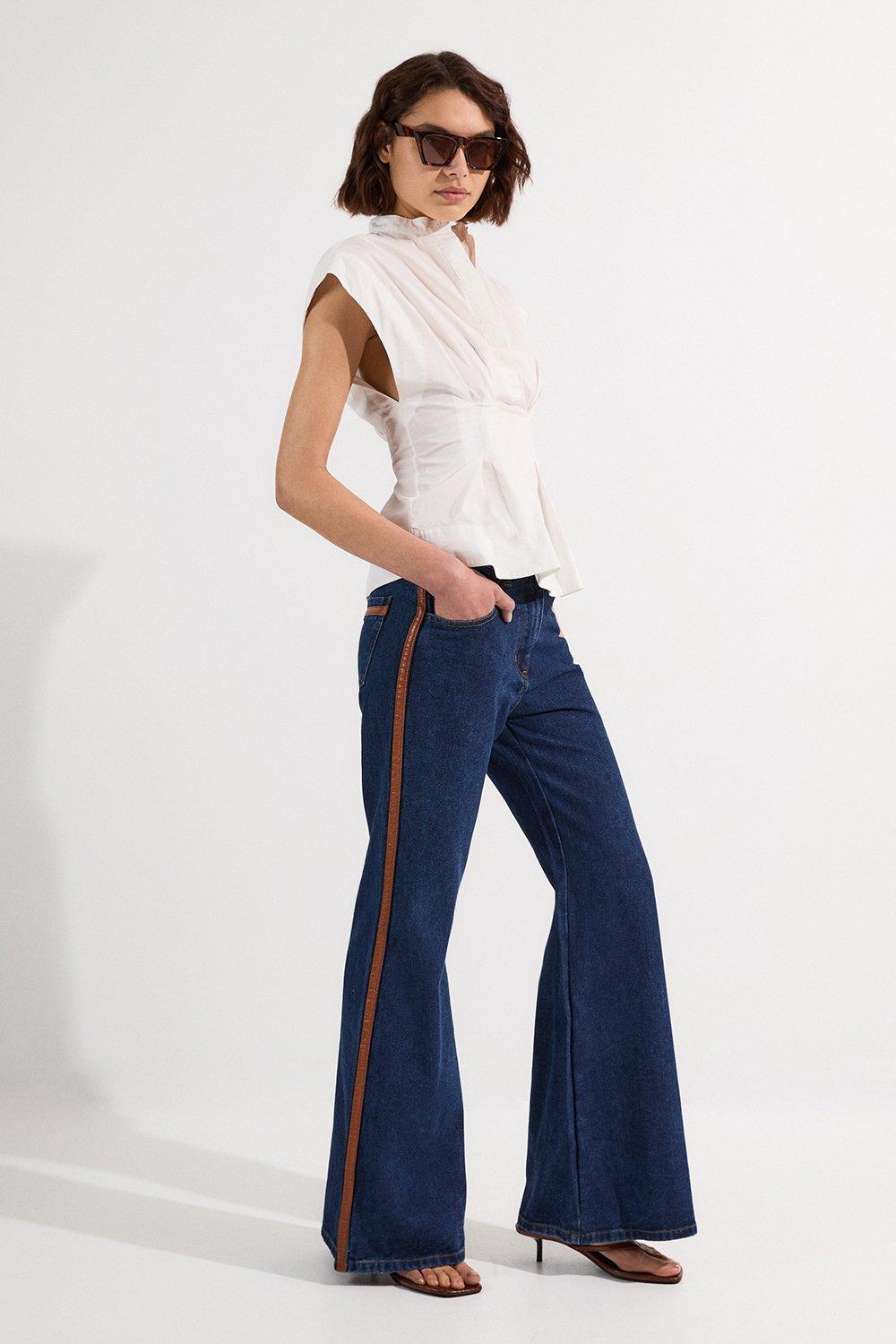 Denim & Faux Leather Tipped Side Skinny Flare Jean - Dark Wash