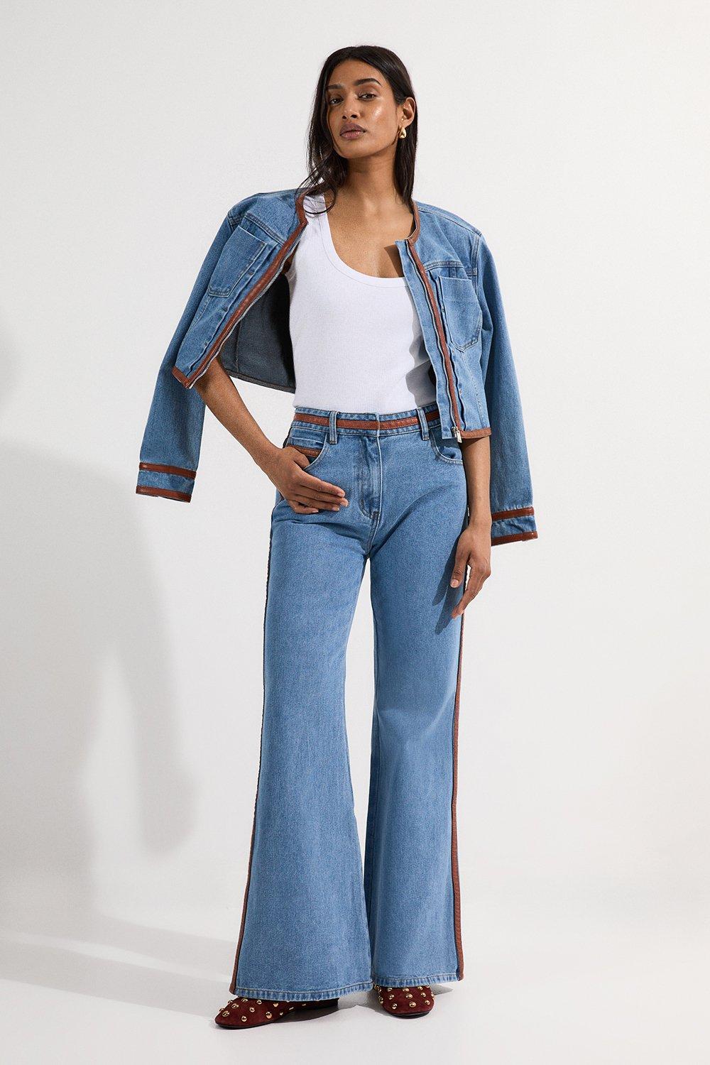 Denim & Faux Leather Tipped Side Skinny Flare Jean - Light Blue