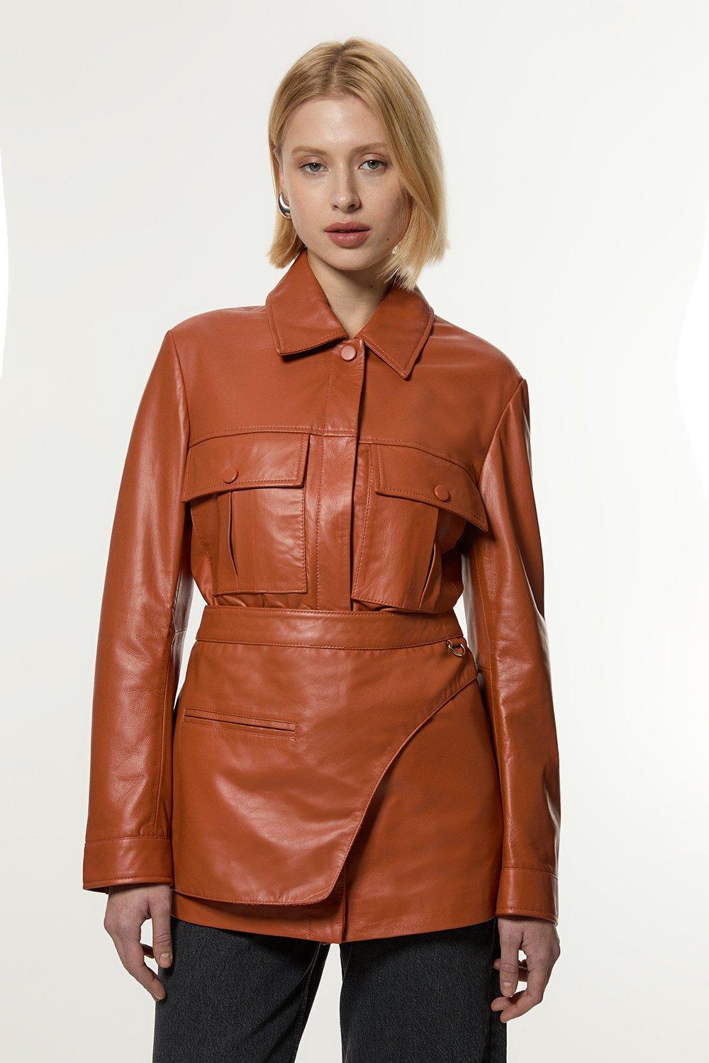 Leather Safari Jacket With Detachable Wrap Belt Detail - Copper