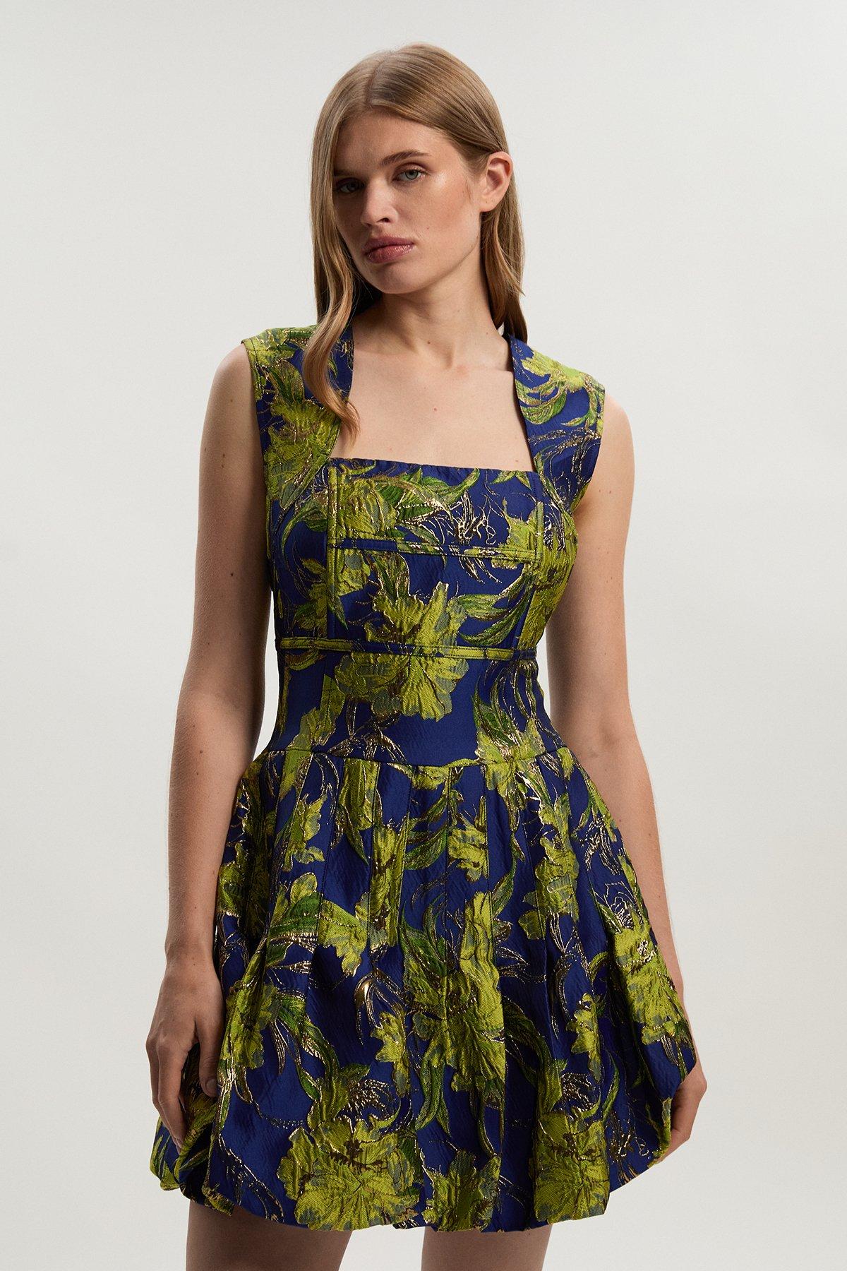 Floral Jacquard Tailored Puff Mini Dress