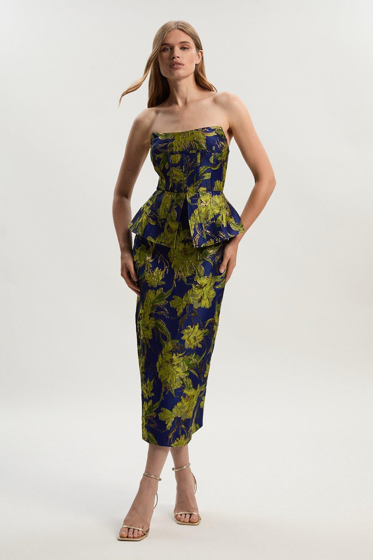 Petite Floral Jacquard Tailored Midi Pencil Dress