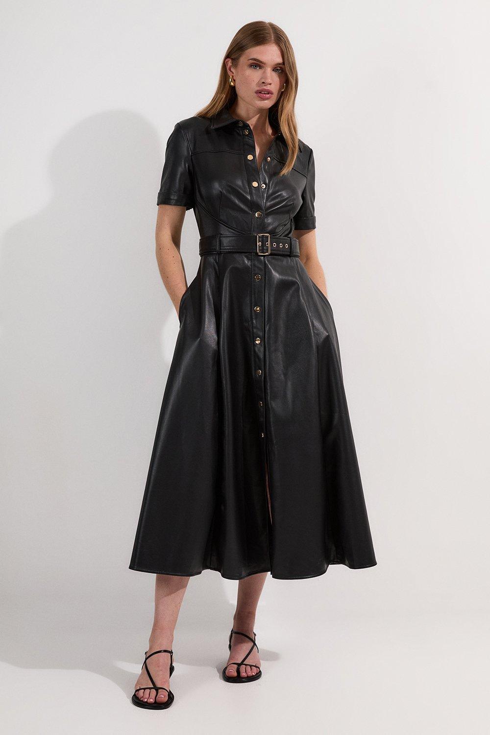 Petite Faux Leather Belted Midi Shirt Dress - Black