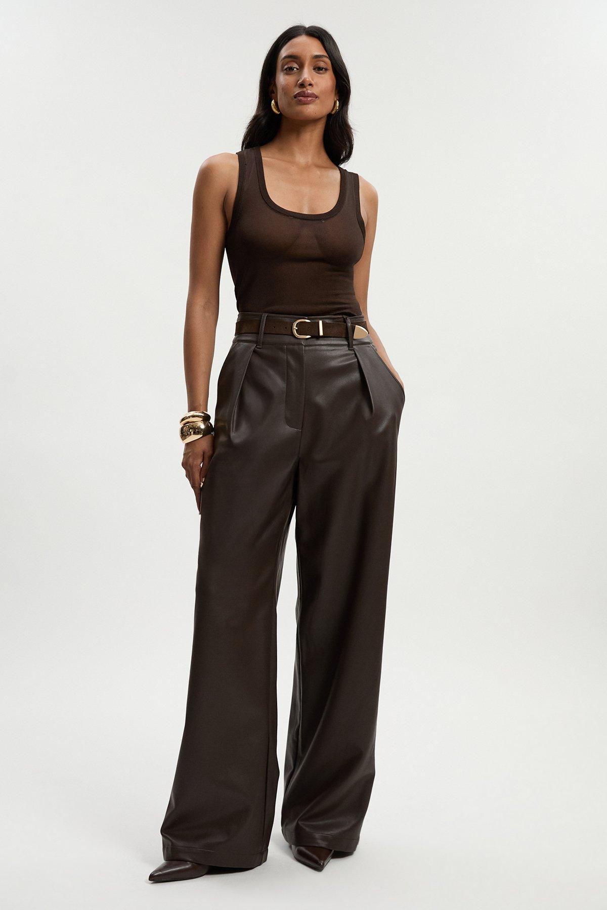 Faux Leather High Waisted Wide Leg Trousers - Brown