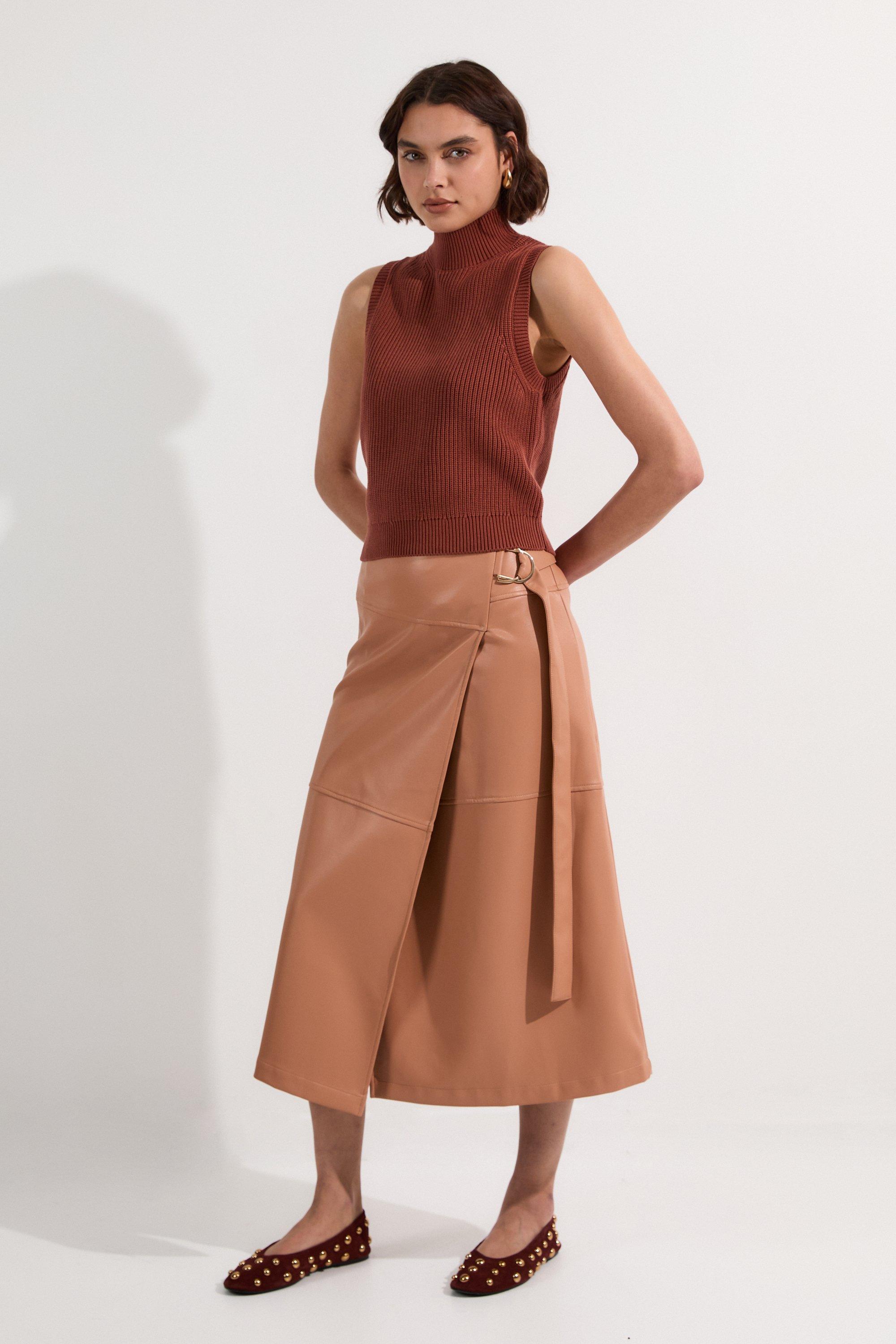 Faux Leather Tie Detail Wrap Midi Skirt - Camel