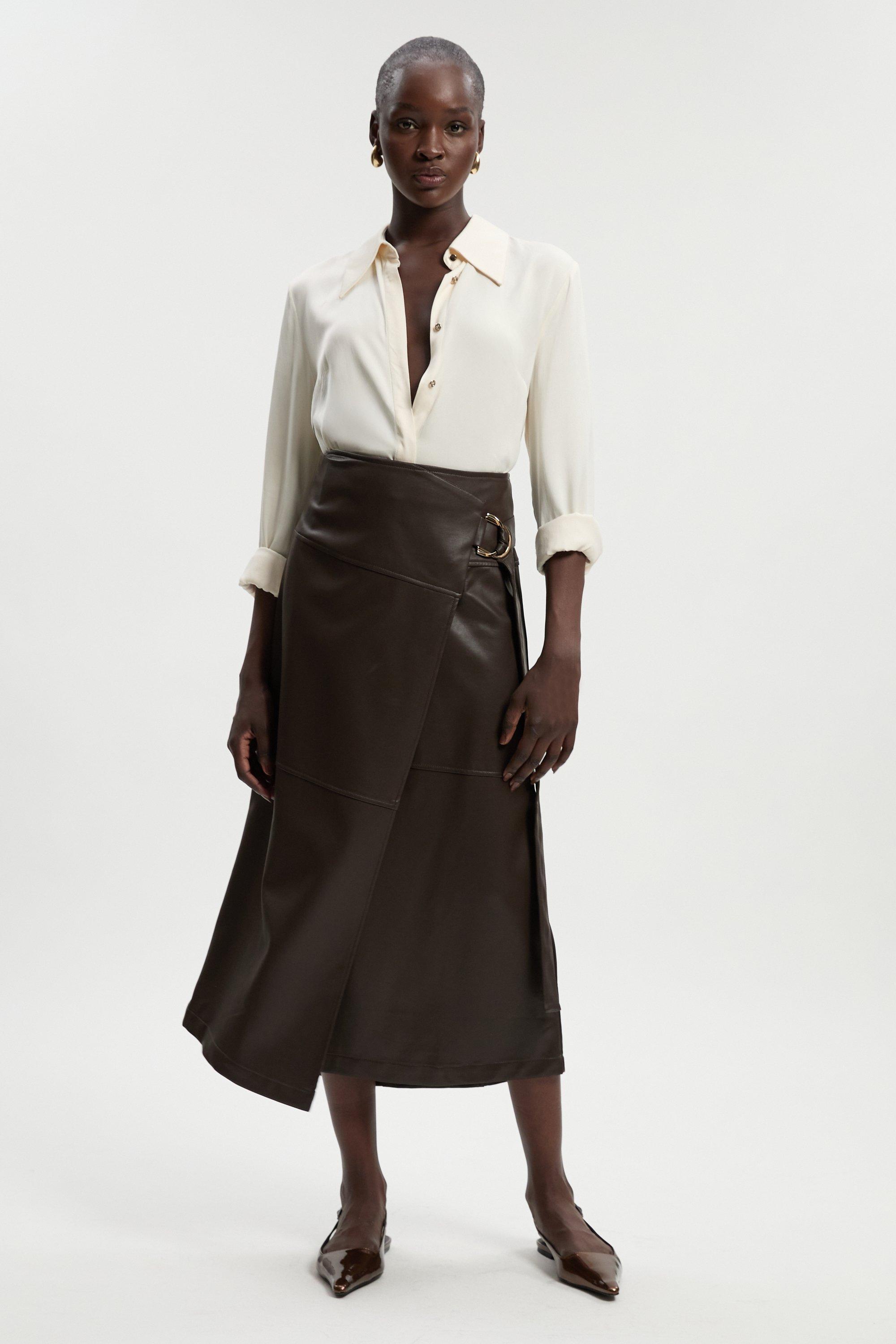 Faux Leather Tie Detail Wrap Midi Skirt - Brown