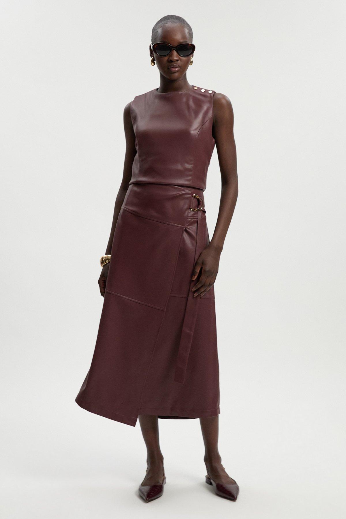 Faux Leather Tie Detail Wrap Midi Skirt - Brown
