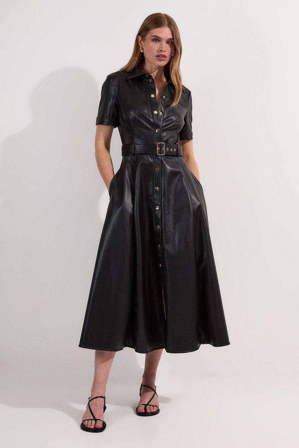 Faux Leather Belted Midi Shirt Dress - Black