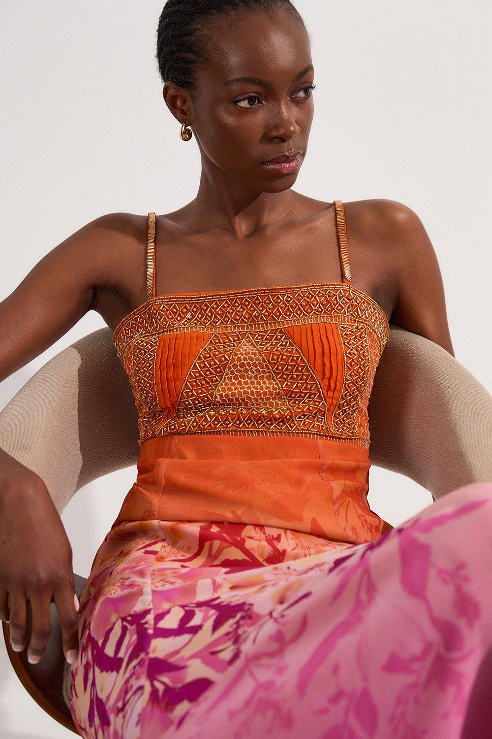 Petite Embellished Ombre Floral Pleated Woven Bandeau Maxi Dress - Orange