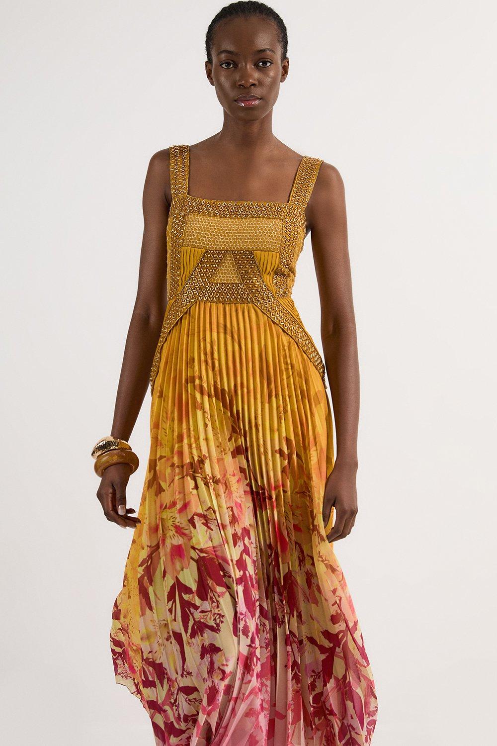 Embellished Ombre Floral Pleated Woven Maxi Dress - Yellow