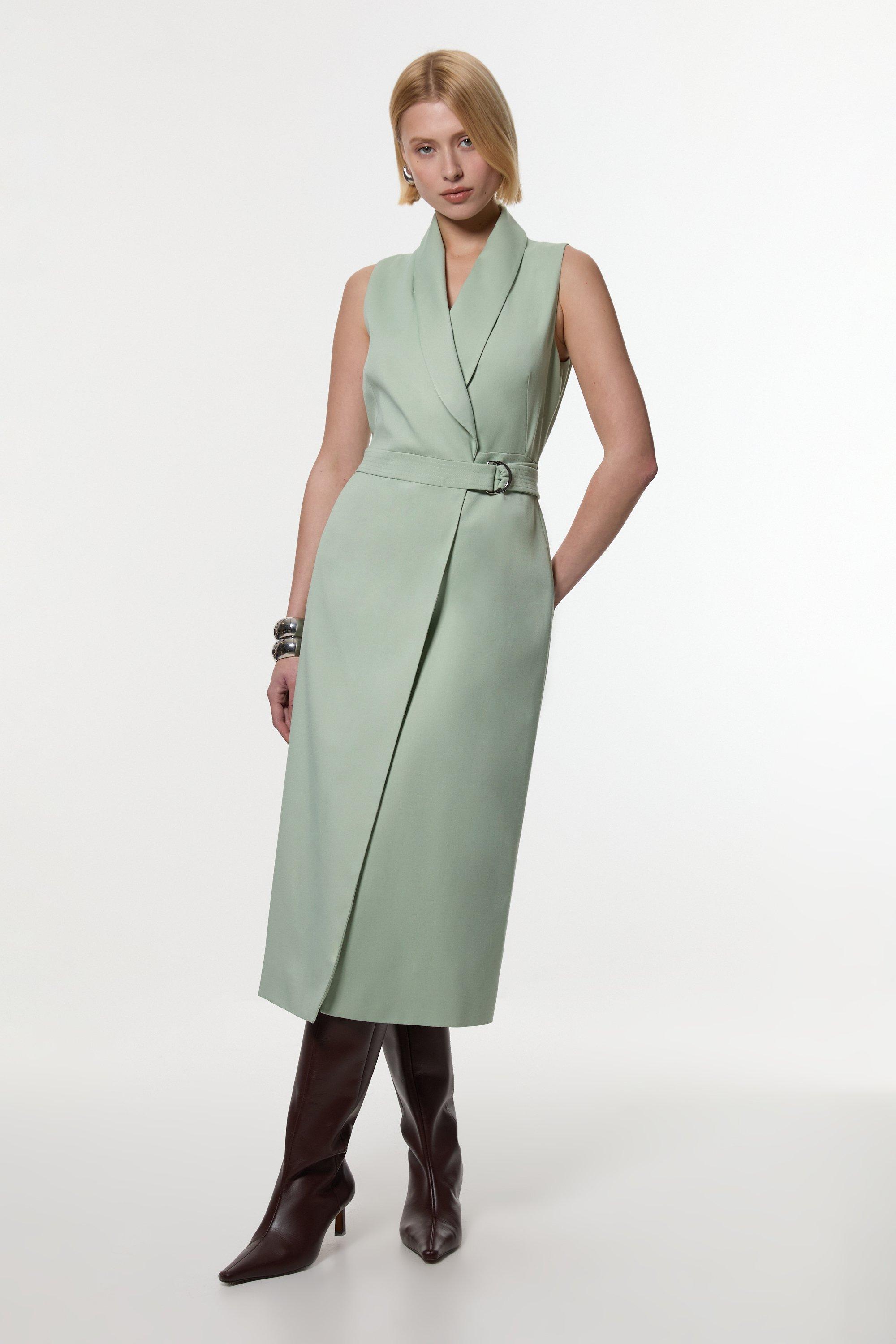 Soft Tie Tailored Sleeveless Pencil Midi Dress - Green