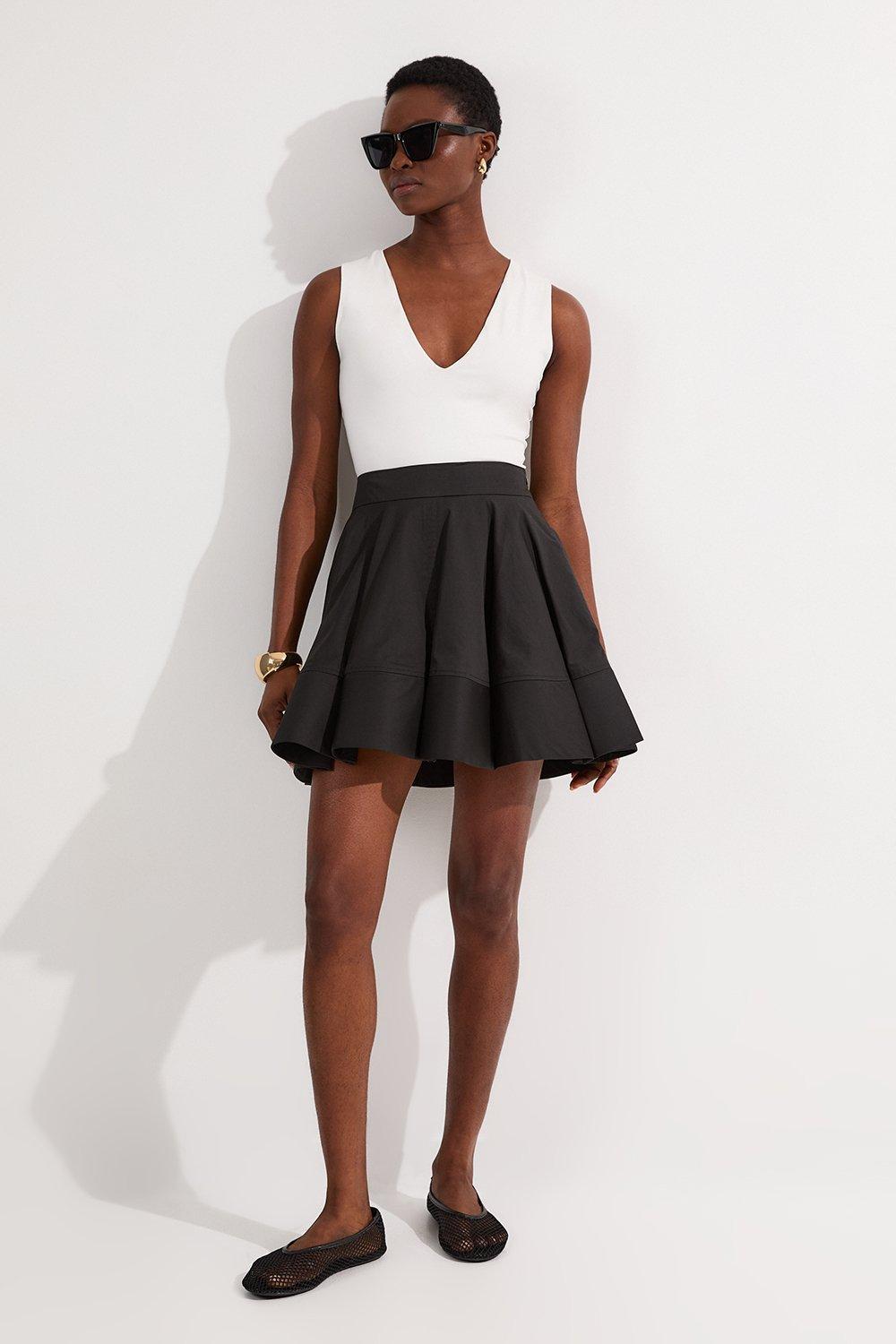 Tailored Cotton Full Mini Skirt - Black