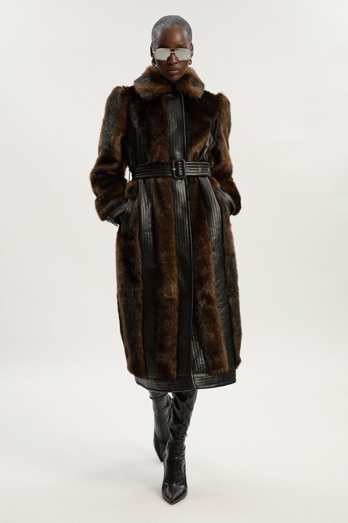 Faux Fur PU Panelled Belted Midi Coat - Brown