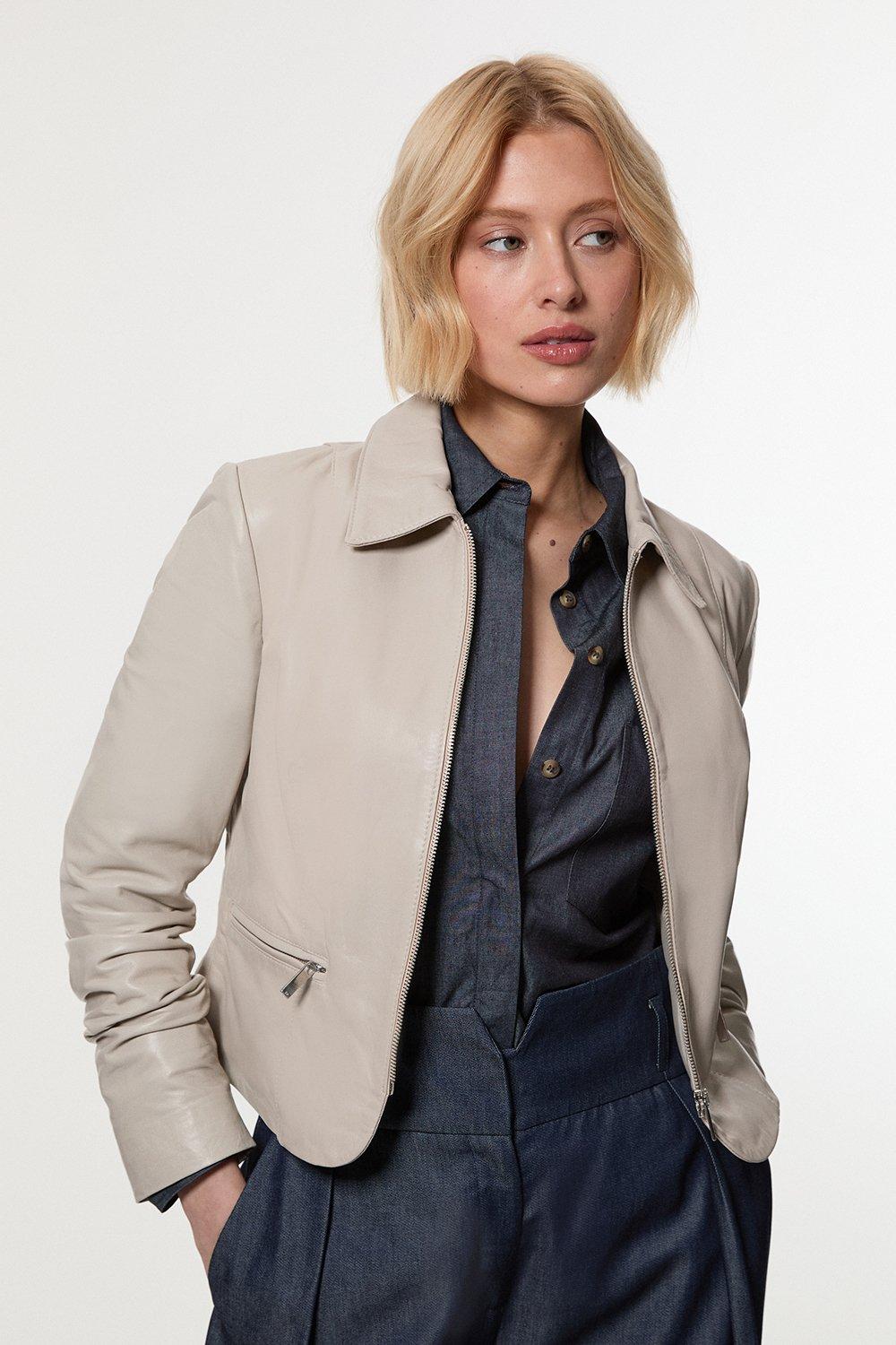 Leather Collared Zip Through Tailored Jacket – Oatmeal