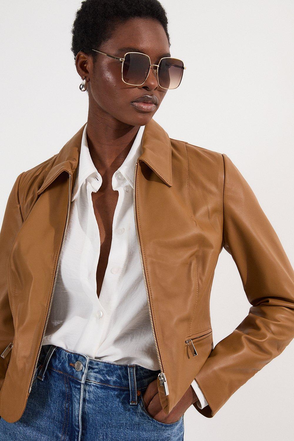 Leather Collared Zip Through Tailored Jacket – Tan