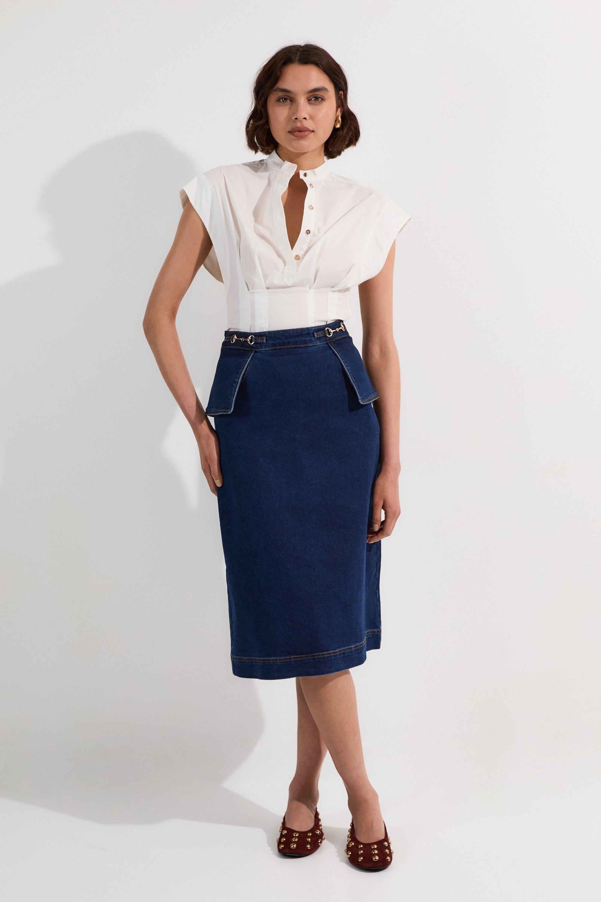 Petite Stretch Denim Snaffle Trim Midi Skirt - Mid Wash