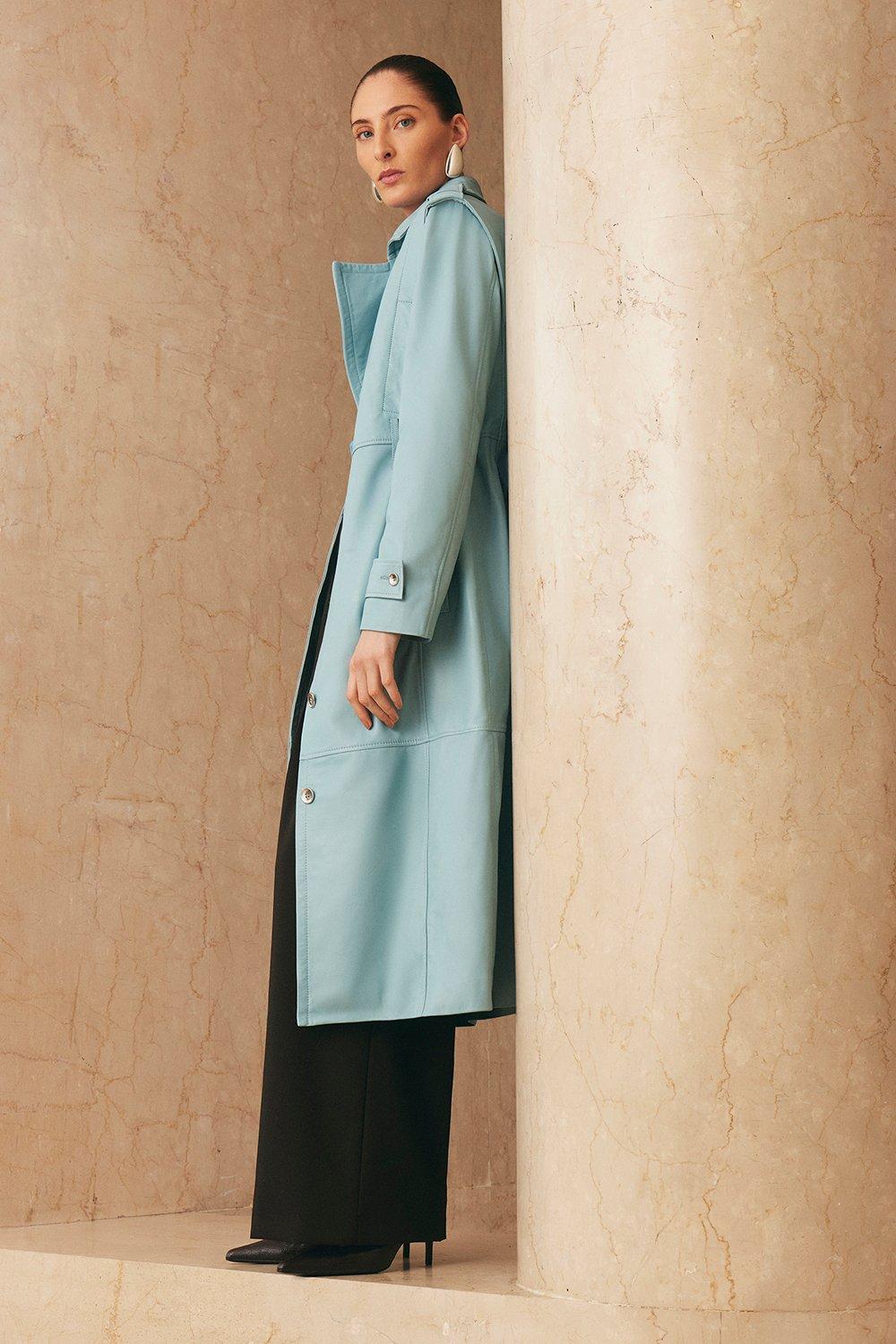 Leather Strong Shoulder Belted Midi Trench Coat - Pale Blue