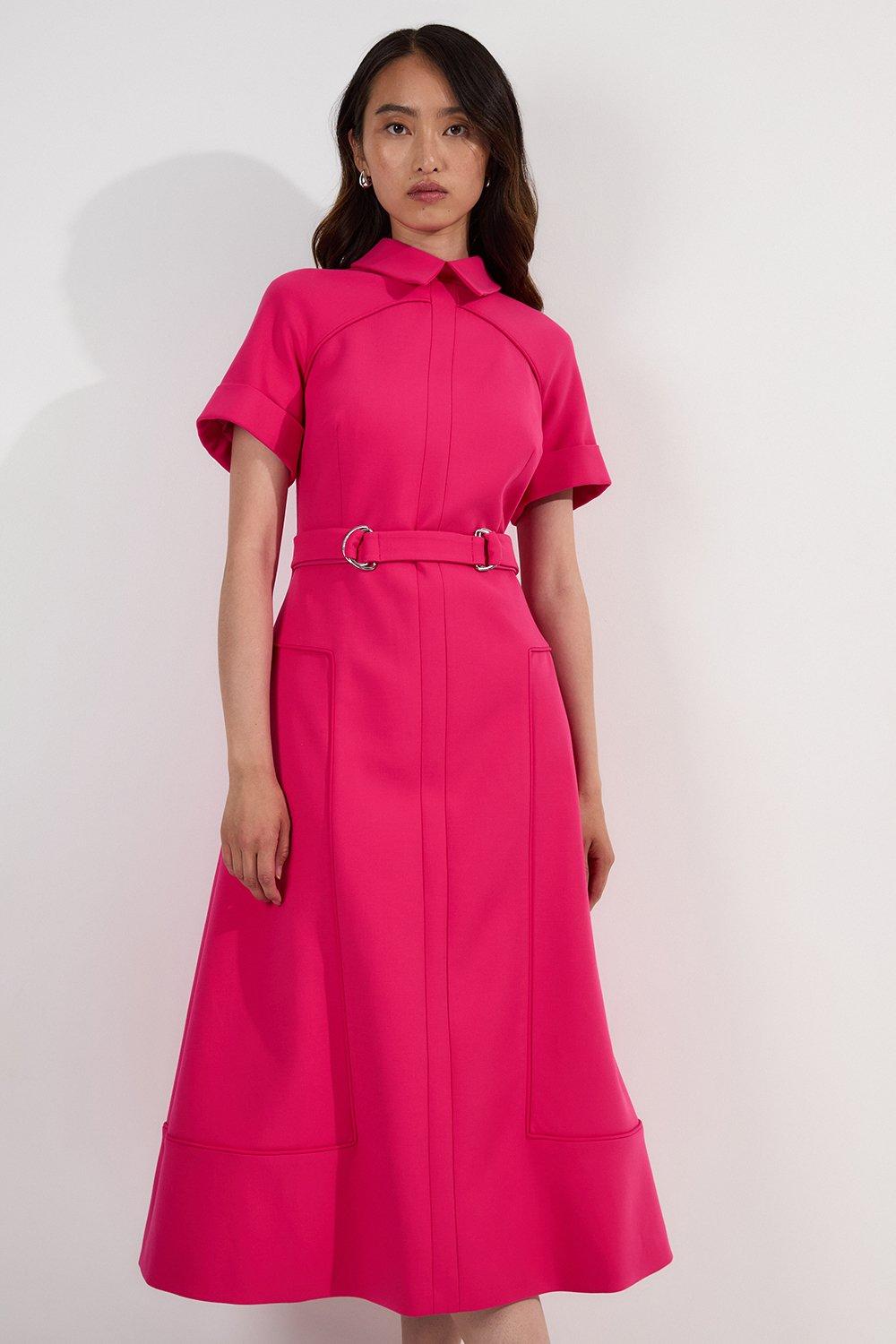 Compact Stretch Tab Detail Full Skirted Midi Dress - Bright Pink