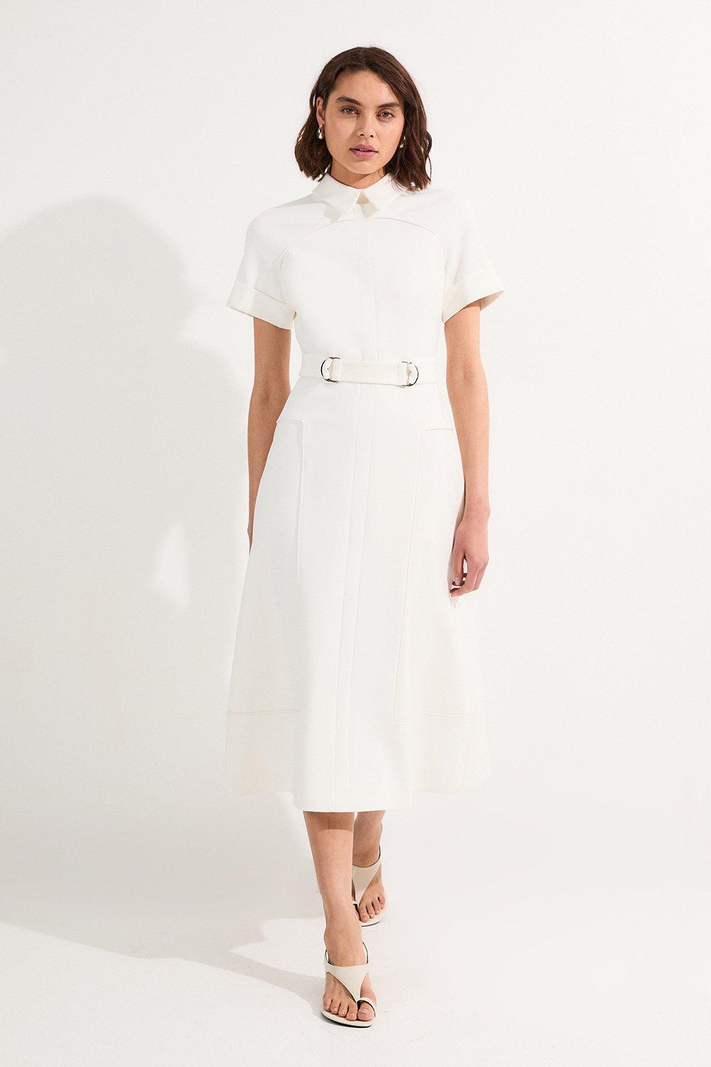 Compact Stretch Tab Detail Full Skirted Midi Dress - Ivory