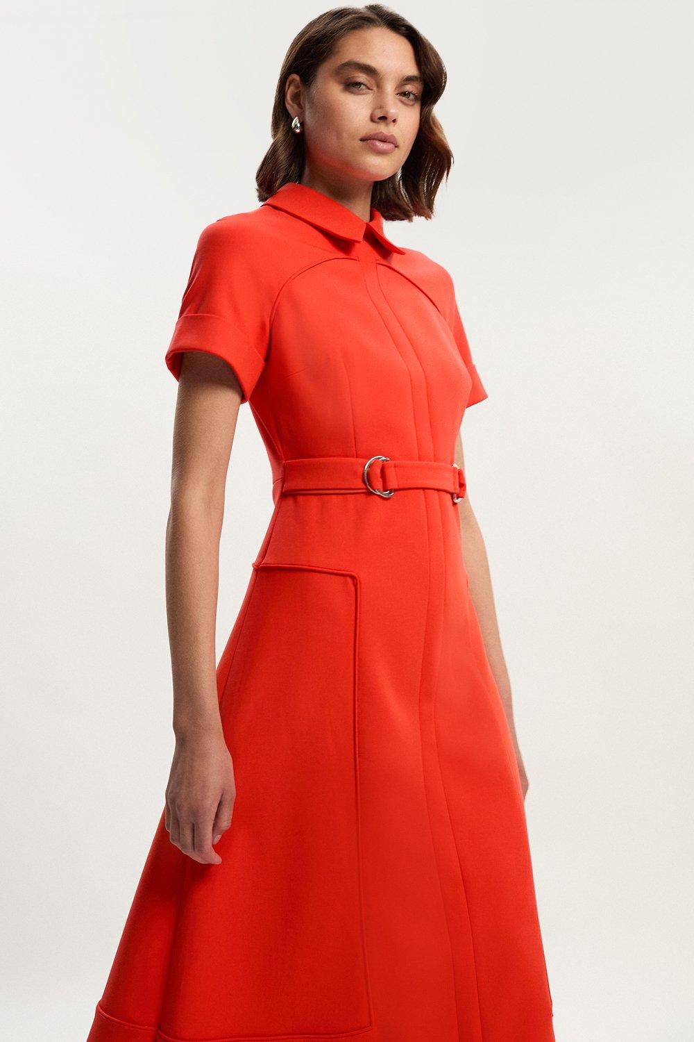Compact Stretch Tab Detail Full Skirted Midi Dress - Tomato Red