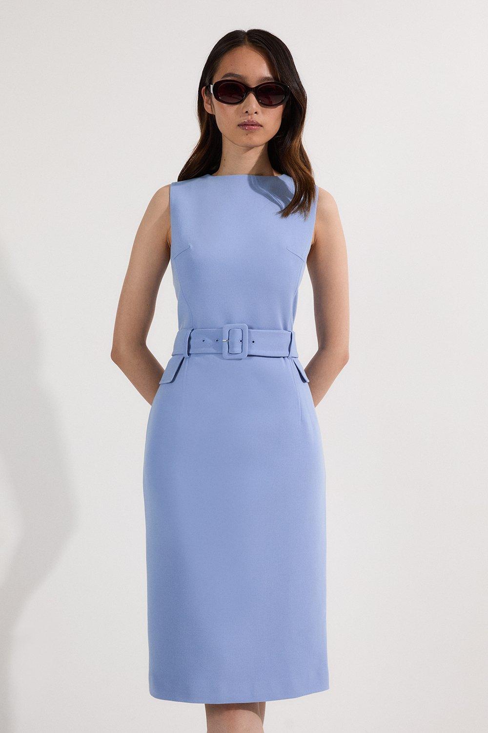 Compact Essential Belted Tailored Midi Dress - Pale Blue