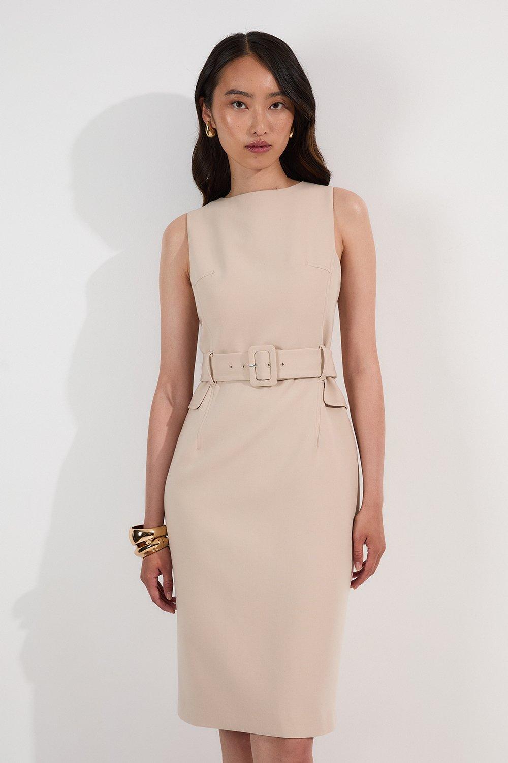 Petite Compact Essential Belted Tailored Midi Dress - Beige