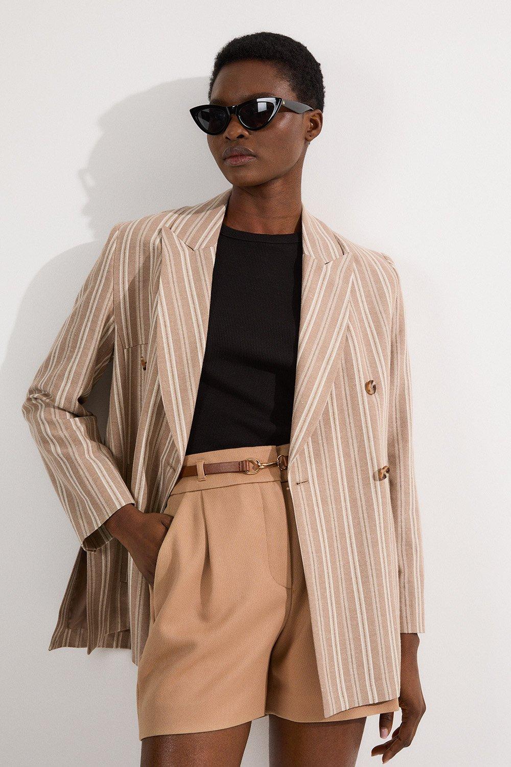 Linen Sparkle Stripe Tailored Double Breasted Jacket – Neutral