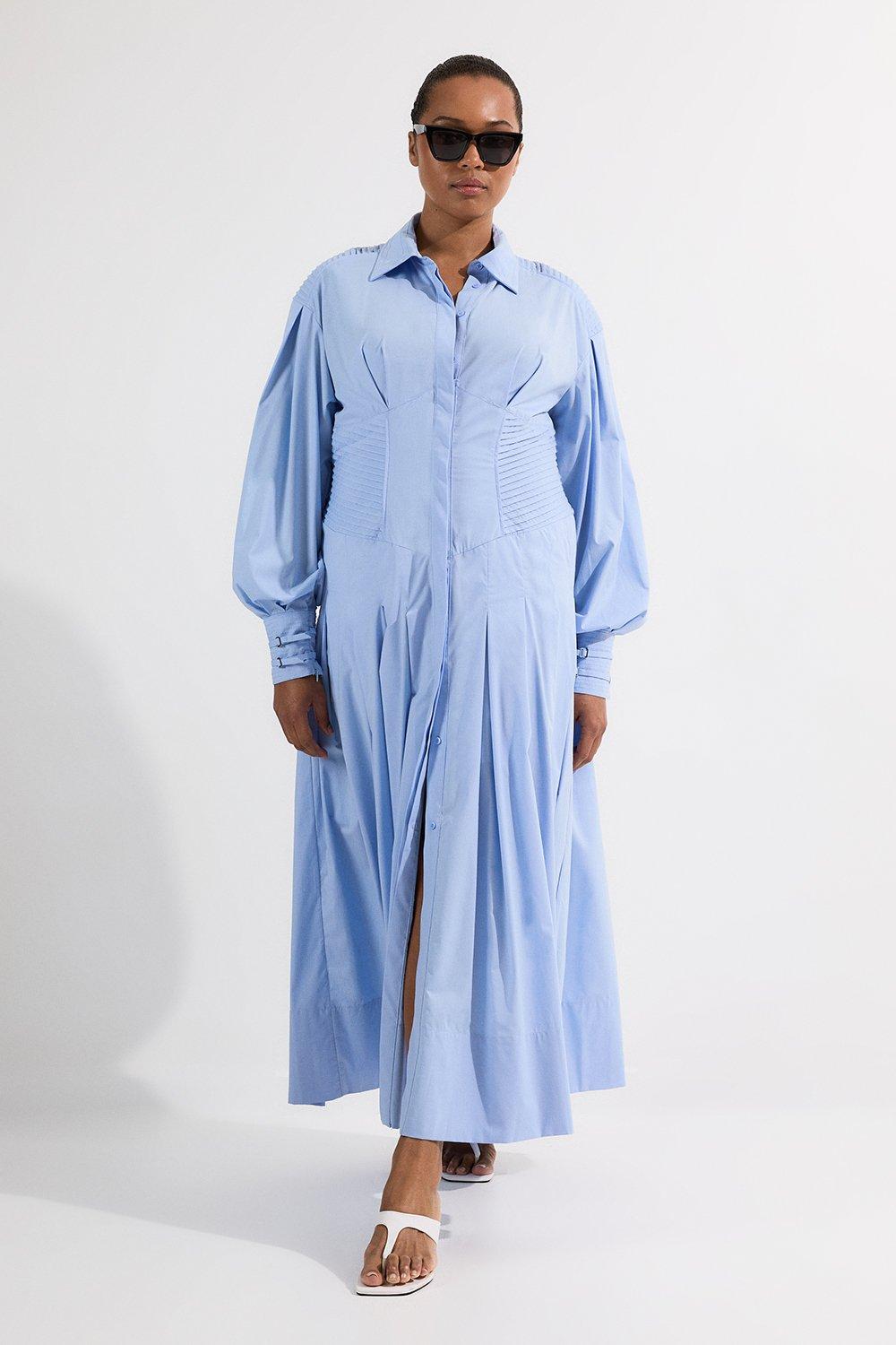 Archive Collection - Plus Size Cotton Poplin Balloon Sleeve Corset Woven Maxi Dress - Blue