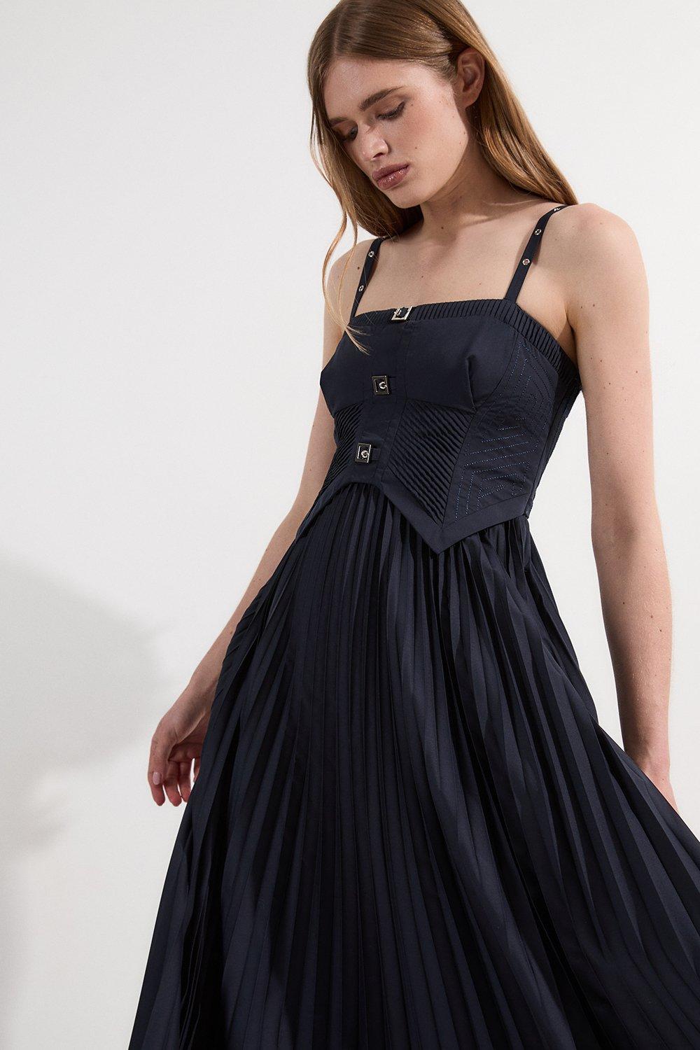 Archive Collection – Cotton Poplin Corset Woven Maxi Dress – Navy
