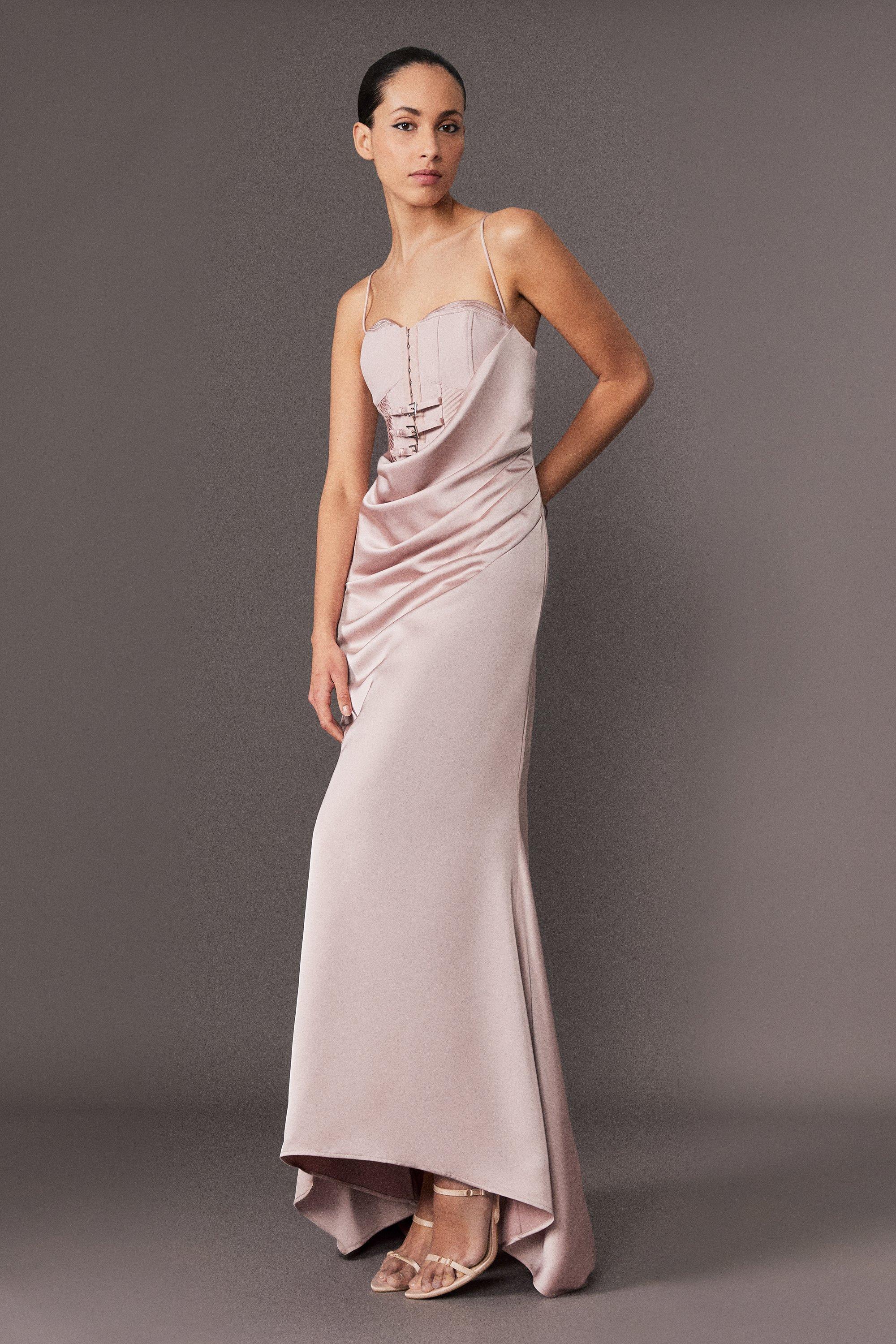 Archive Collection – Tailored Satin Drape Corset Fishtail Maxi Dress – Navy