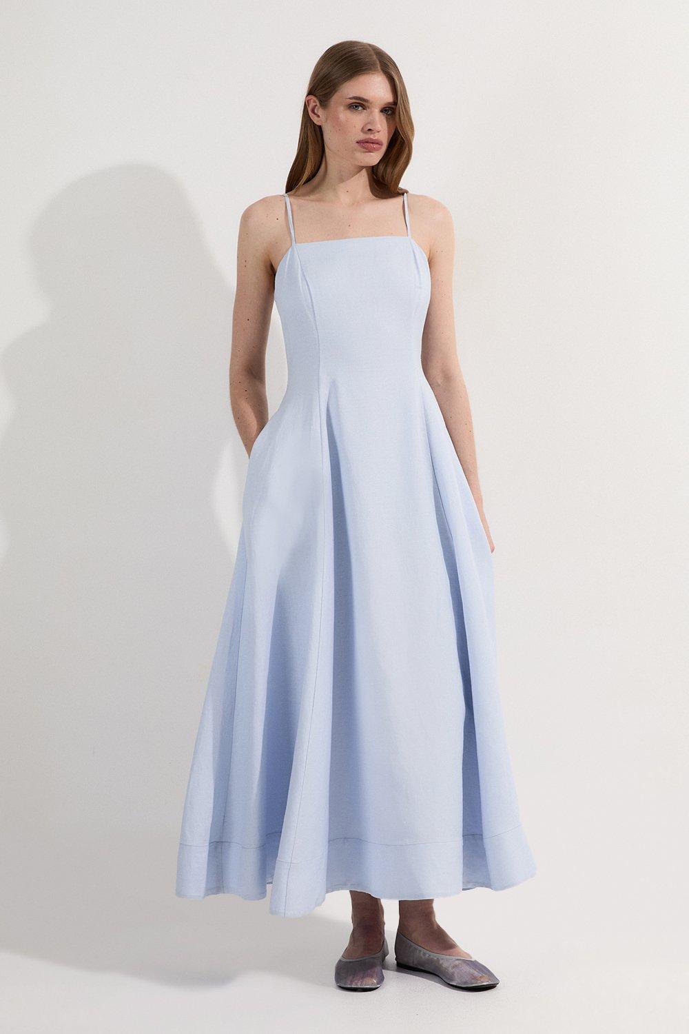 Petite Linen Woven Maxi Prom Dress - Ice Blue