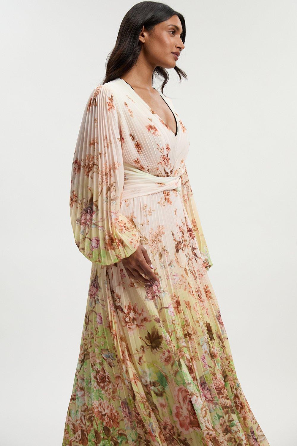 Petite Scattered Floral Balloon Sleeve Pleated Crinkle Cut Out Woven Maxi Dress - Ivory