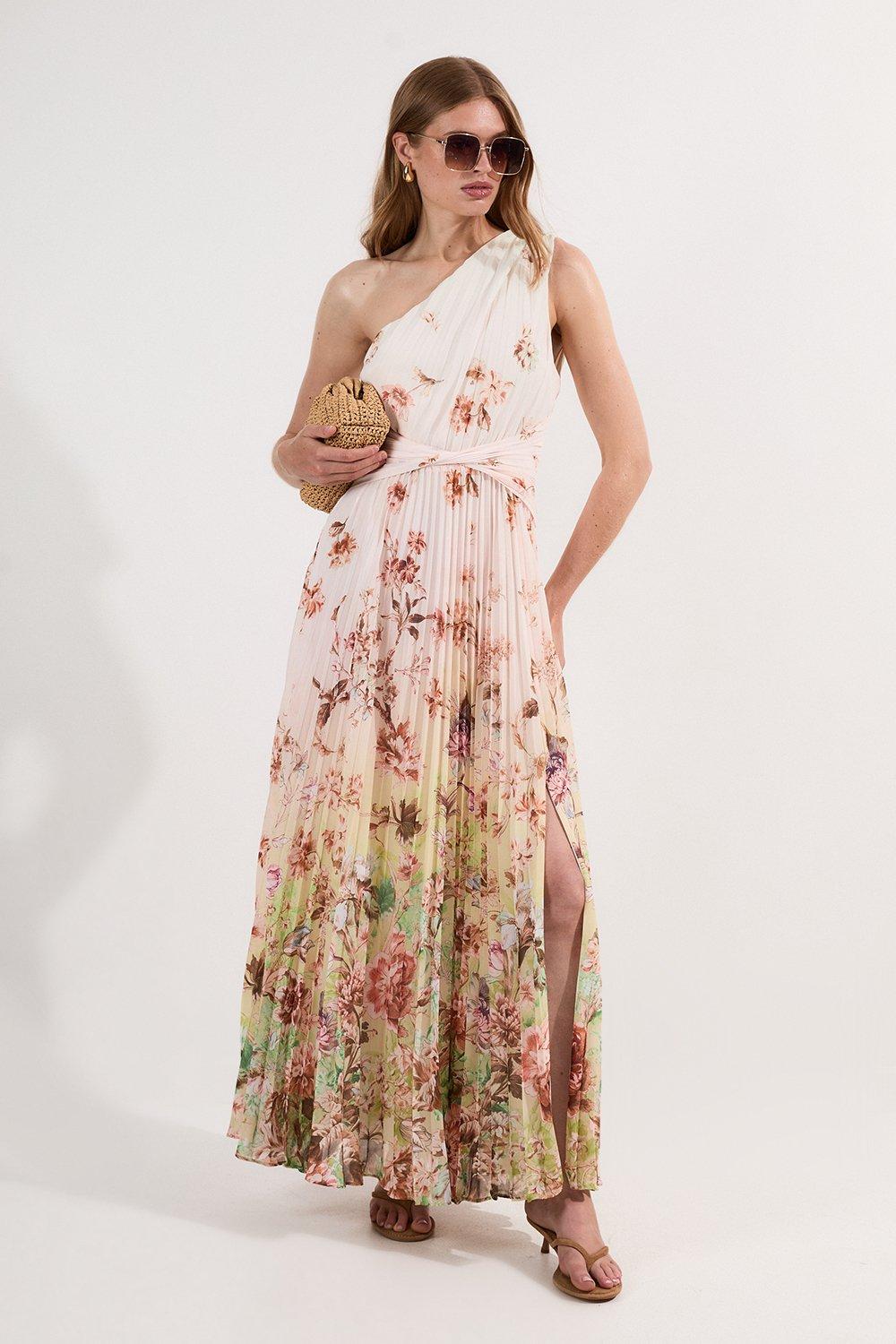 Floral Pleated Crinkle Cut Out Woven Maxi Dress - Ivory