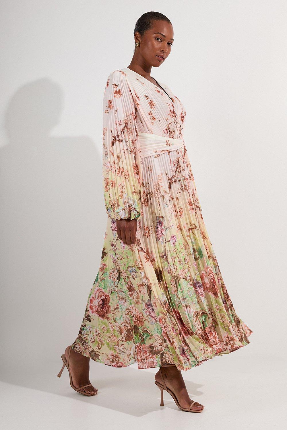 Plus Size Scattered Floral Balloon Sleeve Pleated Crinkle Cut Out Woven Maxi Dress - Ivory